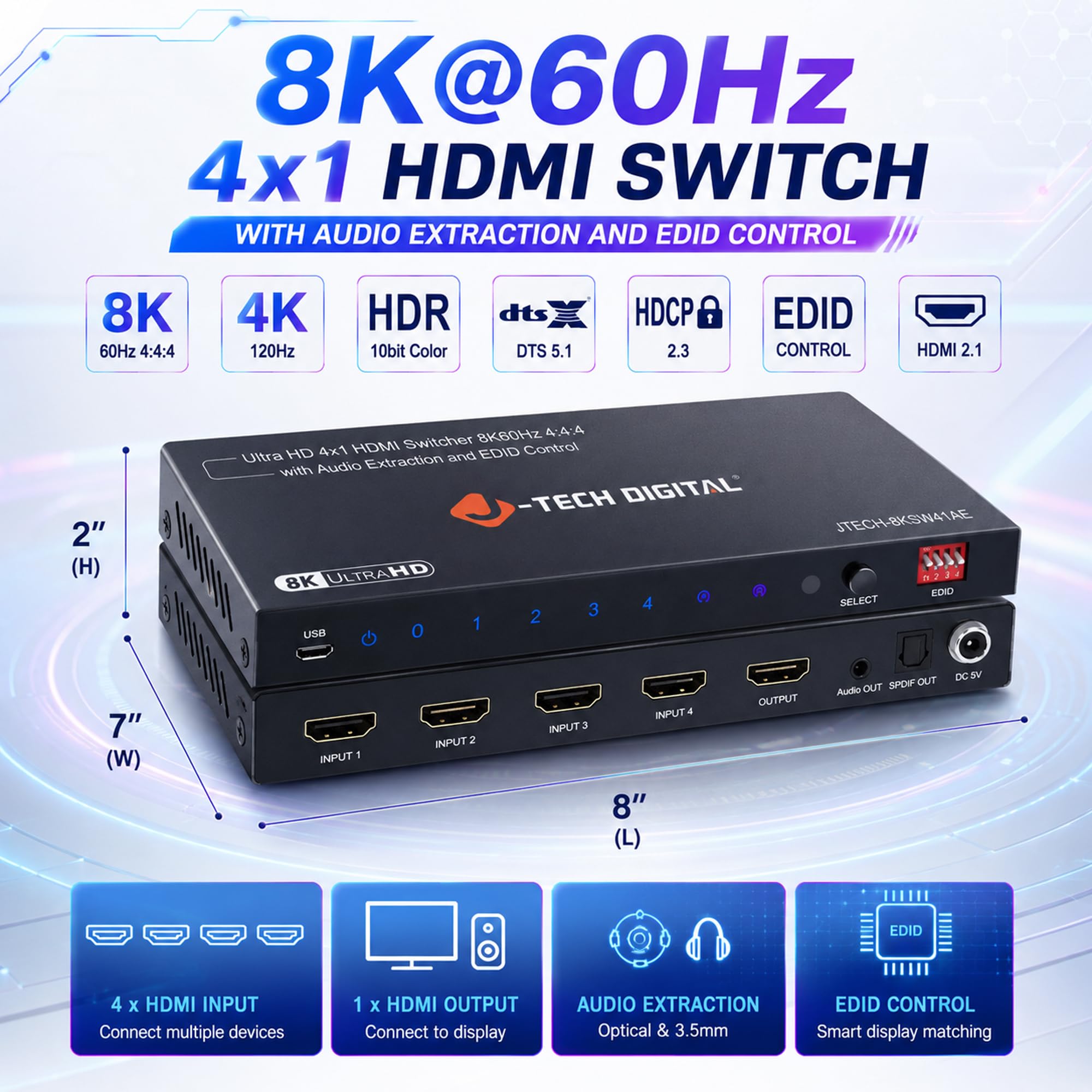 J-Tech - Interruptor HDMI digital 8K 4 en 1 de salida, 8K@60Hz 4K@120Hz 1080P@240Hz con extracción de audio, HDMI a óptico y analógico 3.5mm, HDR HDCP2.3 EDID Control (JTECH-8KSW41AE)
