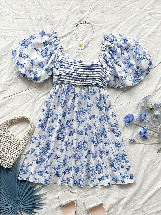 Floerns Women's Floral Dress Puff Sleeve Square Neck Mini Dresses