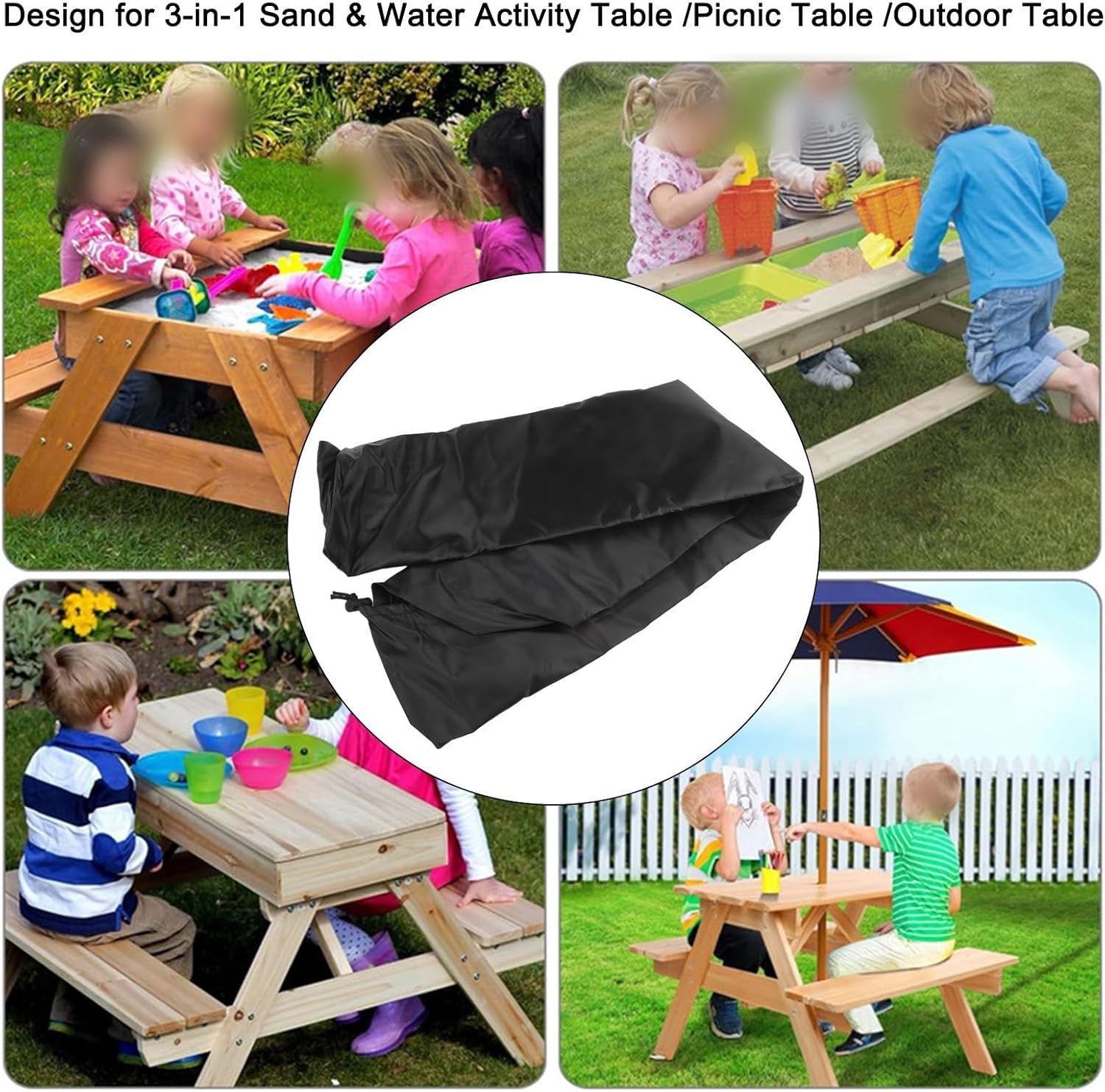 Picnic Table Cover for 3-in-1 Sand Water Activity Table with Adjustable Cords Windproof Latches