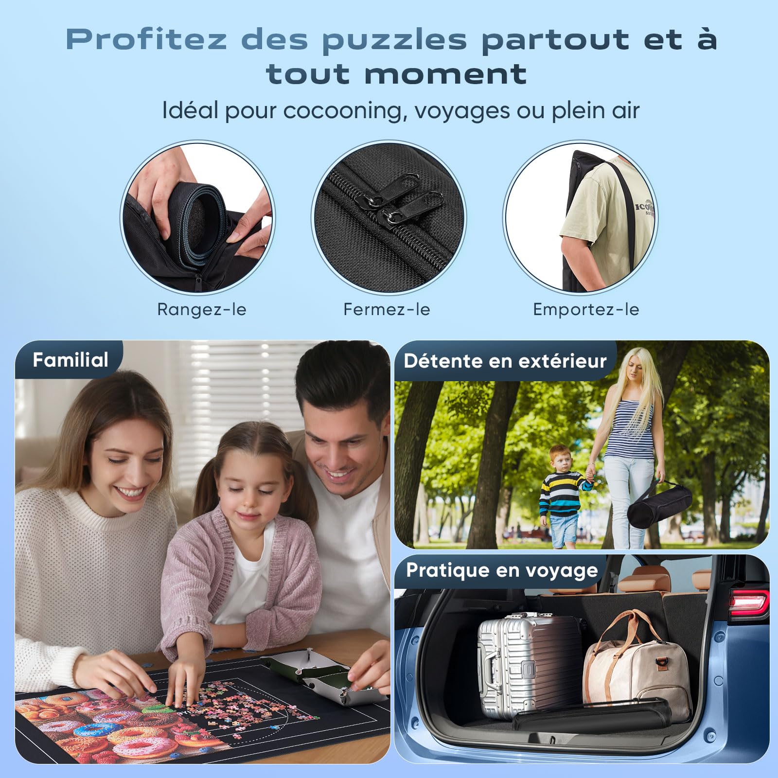 Tapis Puzzle 1500 pièces Surface Lisse Polyester Base antidérapante Caoutchouc Rouleau Mousse 6 Plateaux classement Sac Transport