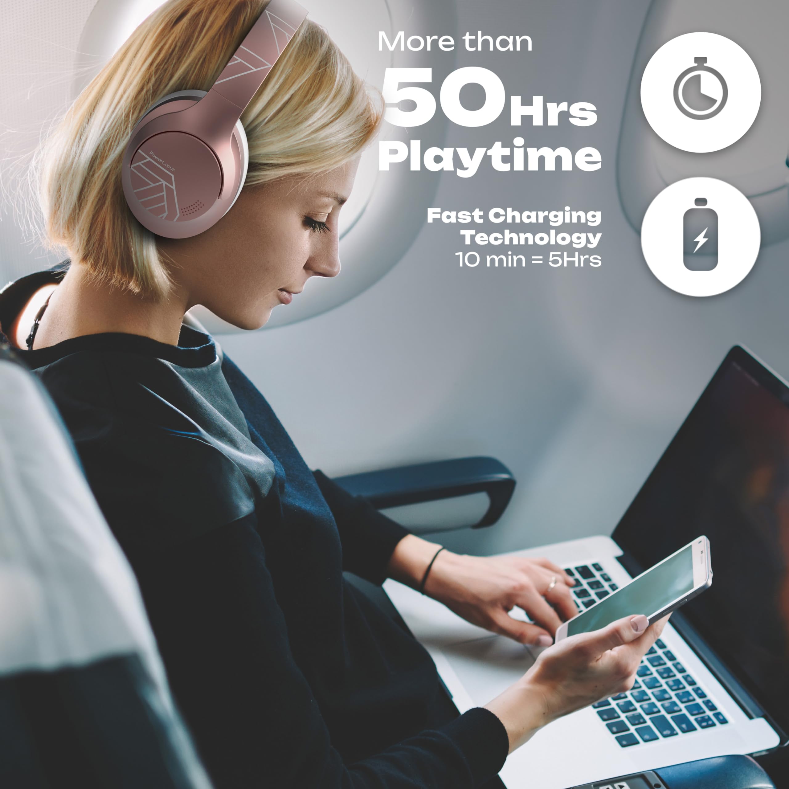 PowerLocus Cuffie Wireless Bluetooth, 50 ore di riproduzione, Cuffie Over Ear con 4 EQ Modalità di Suono, HiFi Suono, Cuffie Senza Fili con Microfono per Viaggio/Telefono/PC/Ufficio (Rose Gold)