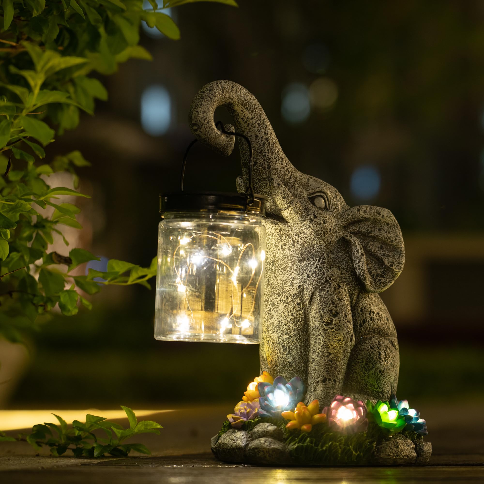 Garden Statue-Elephant with Solar Lantern Outdoor Decor - Elephant with 6 LED for Patio, Balcony, Yard, Lawn Ornament Unique Housewarming Gifts