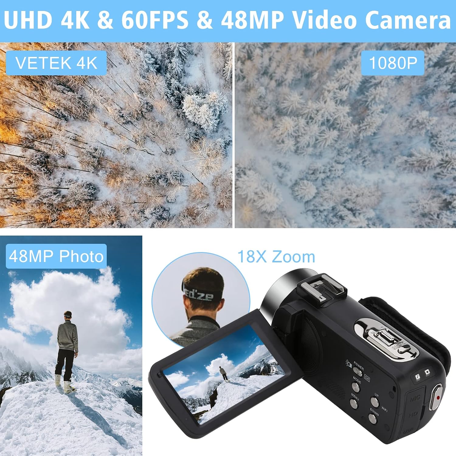 4K Video Camera Camcorder,4K 48MP Vlogging Camera for YouTube, 18X Digital Zoom 3.0" 270°Rotatable Touch Screen Video Recording Camera with WiFi Camcorder, Remote Control, 32GB SD Card and 2 Batteries