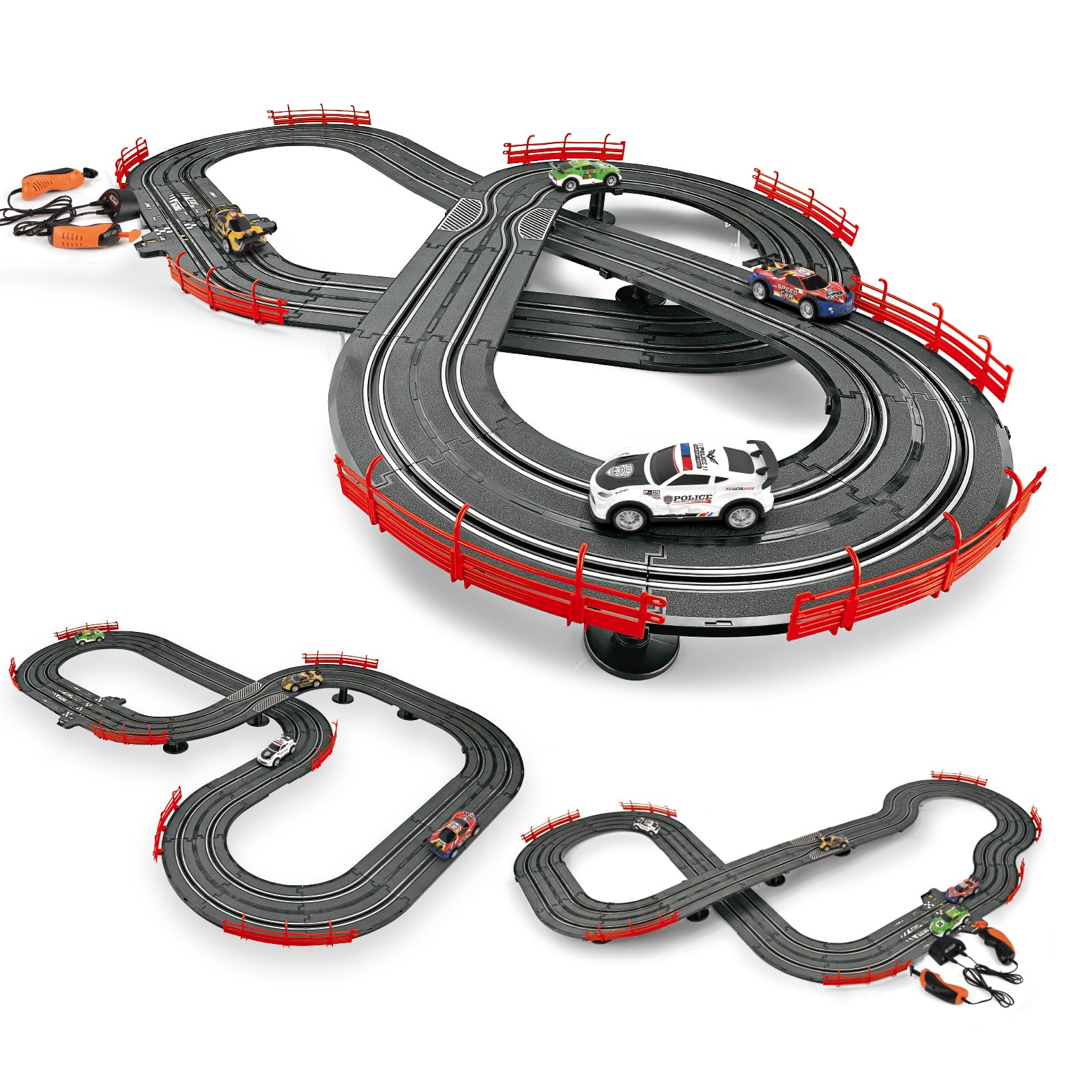 Slot Car Race Track Set Toy with 4 High-Speed Cars, 3 in 1 Electric Track, Dual Racing Game with Lap Counter & 2 Controllers, Circular Overpass Design Toy for Kids Ages 8-12.