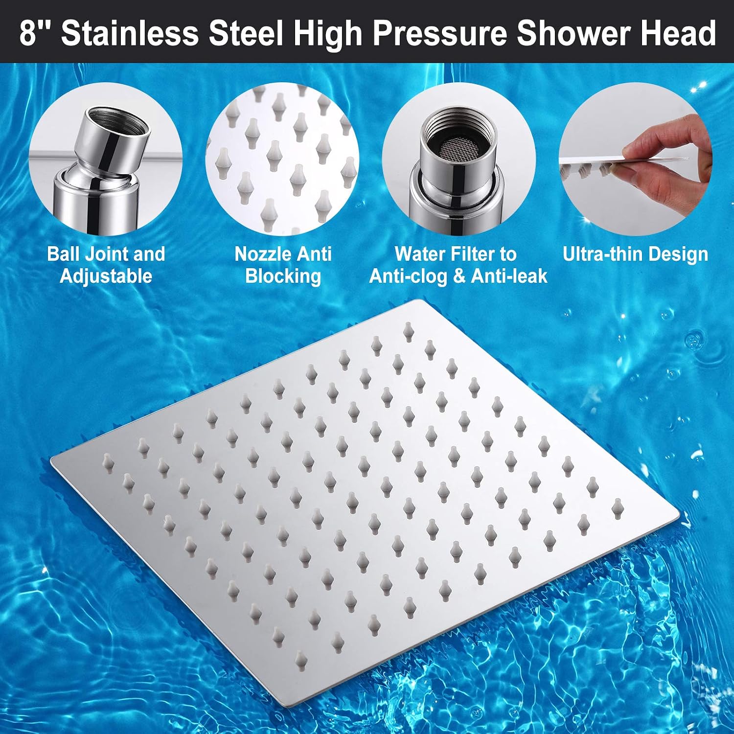 Shower Head, DUSASA 8'' High Pressure Rainfall Shower Head/Handheld Shower Combo with 11'' Extension Arm, 5 Settings Adjustable Anti-leak Shower Head with Holder/Hose, Height/Angle Adjustable, 4 Hooks