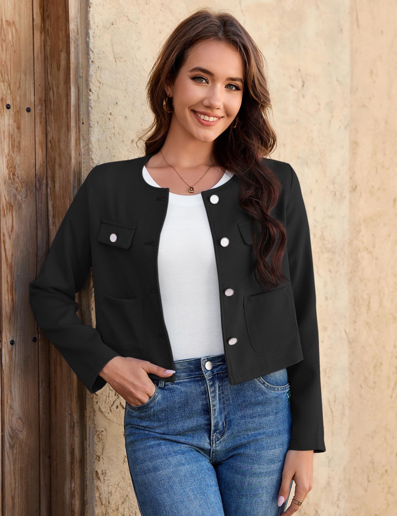 Yesfashion Boléro court à col rond pour femme - Cardigan à manches longues - Boléro festif de mariage pour robe, pantalon