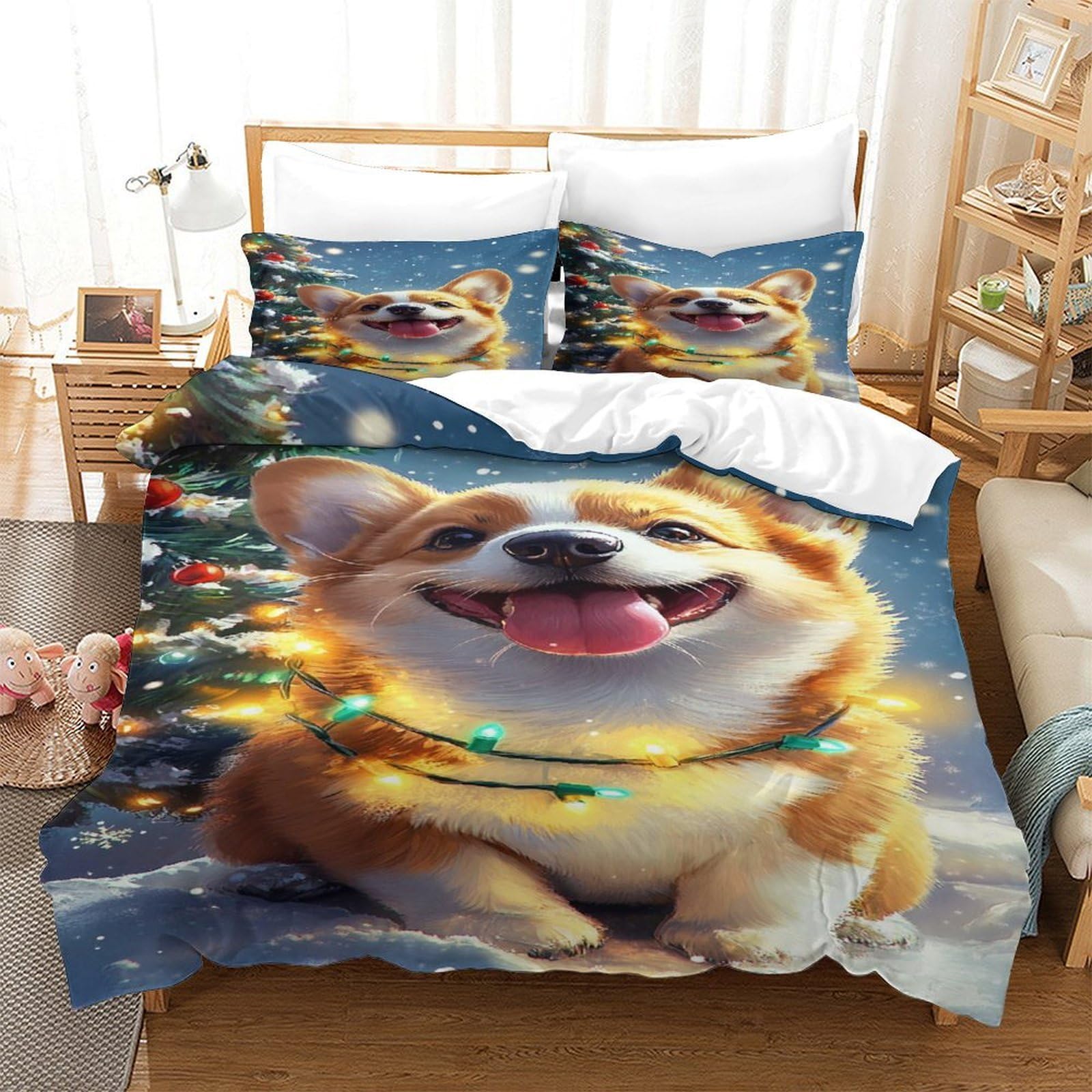 XPASHIQWC Corgi 3D Print 3 Pieces Christmas Scene With Zipper Closure For Kids Boys Teen Men Soft Lightweight Quilt Cover Bedroom Dorm Decor Double（200x200cm）