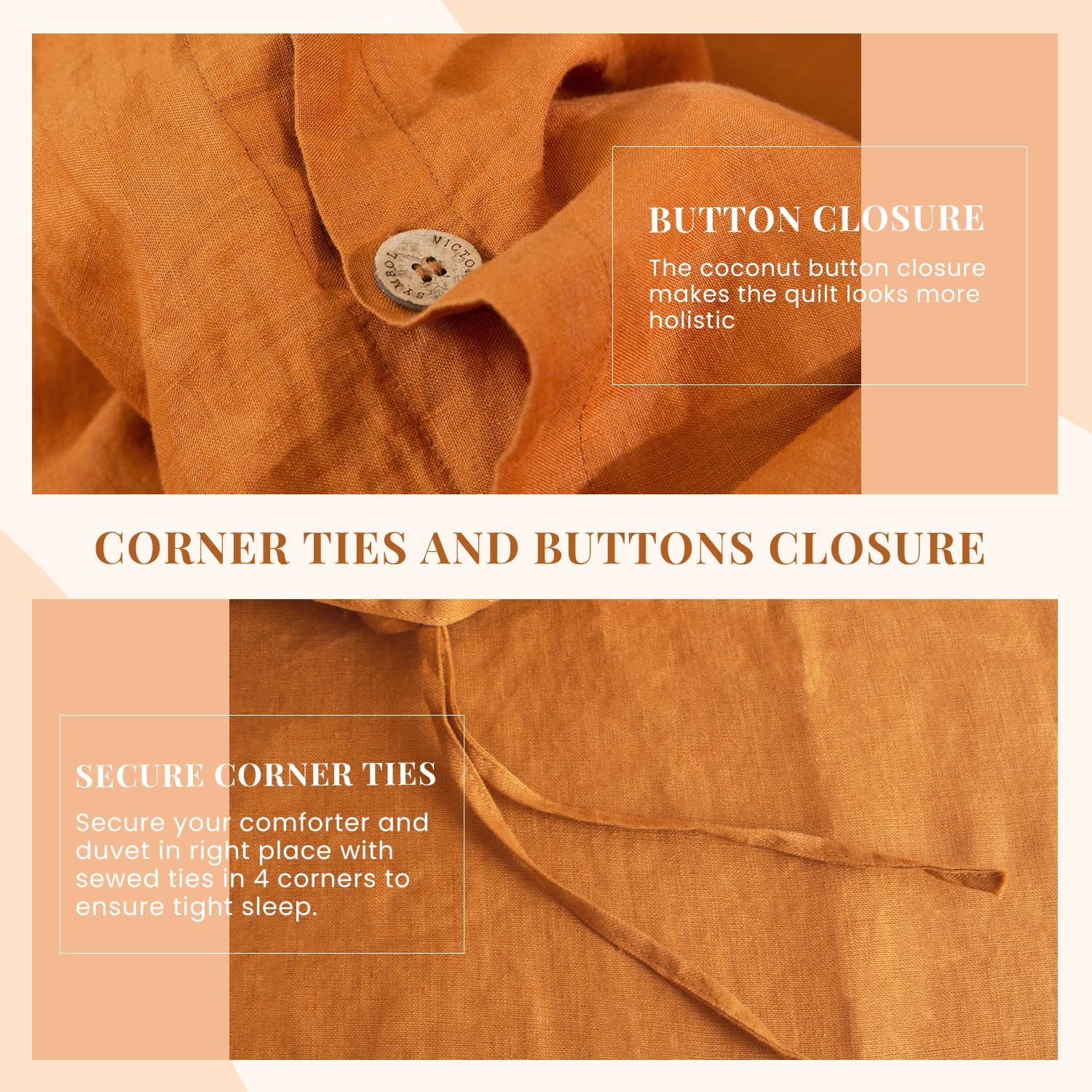 S VICTORY SYMBOL 100% Organic Linen Duvet Cover Set Queen Size 3pcs,Natural French Washed Flax Bedding Set(1 Duvet Cover and 2 Pillowcases) with Coconut Buttons Closure,Pumpkin