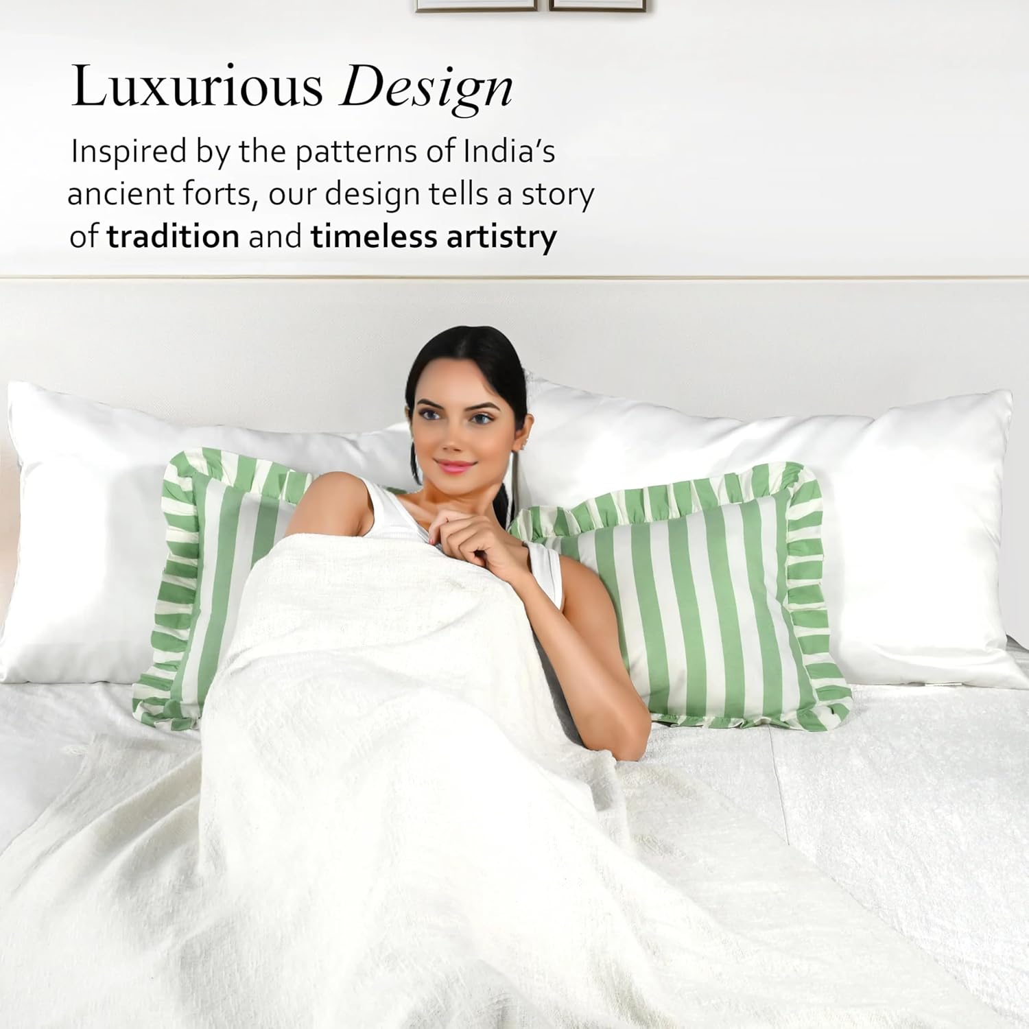 CPC Green Striped Hand Block Print Cotton Ruffle Decorative Sham Covers with Hidden Zipper 36" x 14" Set of 1 Home Decor Pillowcases for Bed,Sofa, Couch, Living Room Gift Spring, Easter, Valentine - Image 6