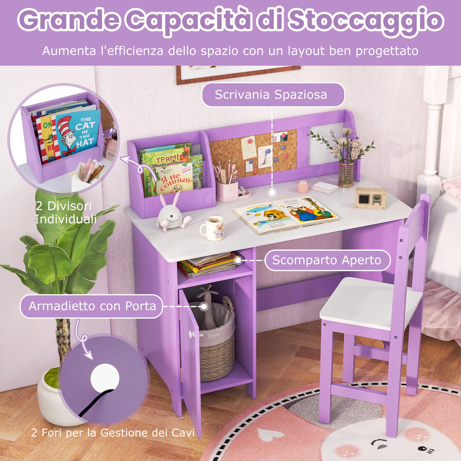 COSTWAY Scrivania per Bambini con Sedia, Set Tavolo e Sedia con Lavagna, Pennarello, Armadietto e Bacheca, Postazione Computer per Studenti e Tavolo da Scrittura per 3+ Anni (Viola)