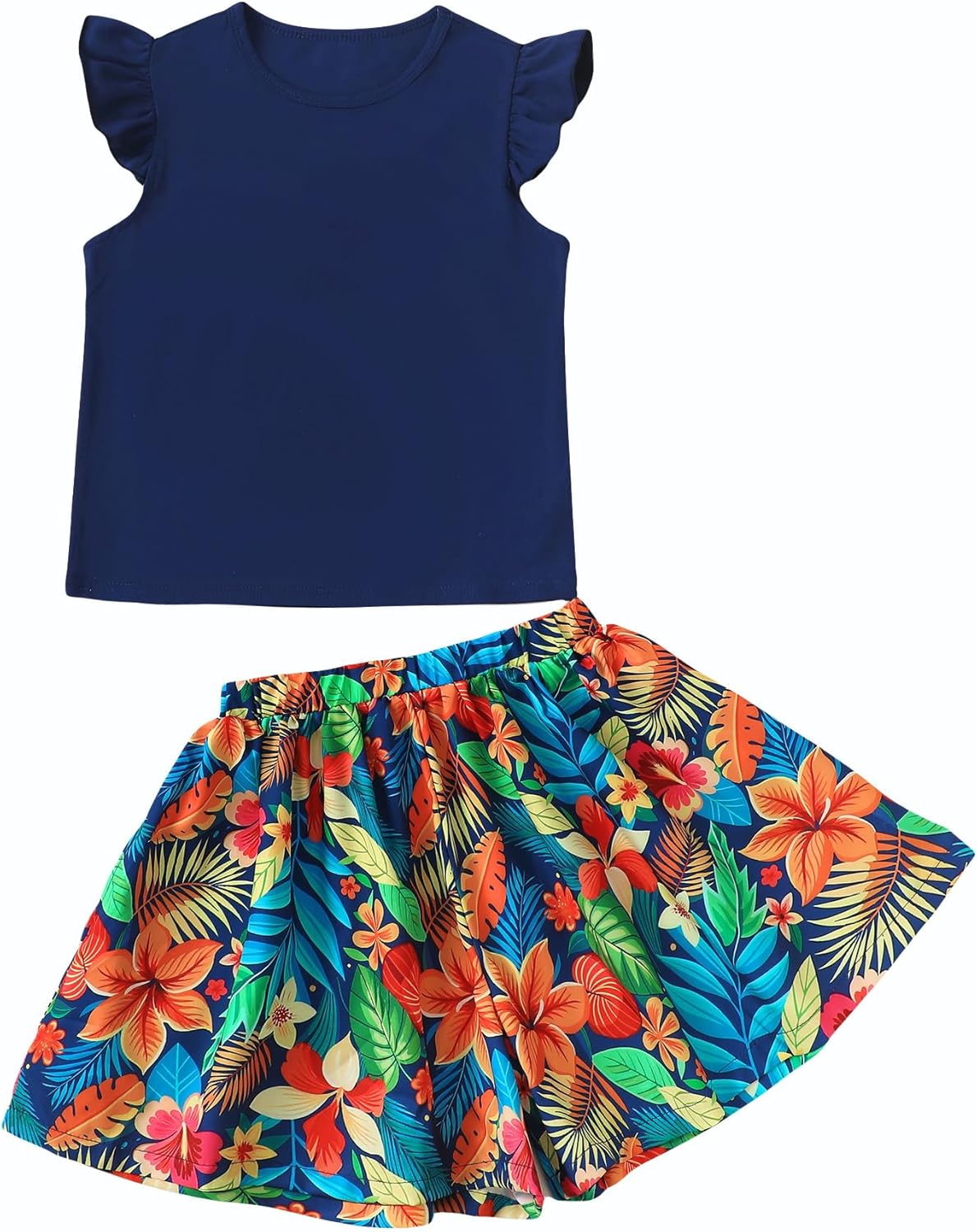 Tween Girl Summer Outfits Kid Clothes Cap Sleeve T-Shirt Wide Leg Hawaiian Beach Shorts Holiday Clothing Set 8-12 Navy Floral-a 8 Years