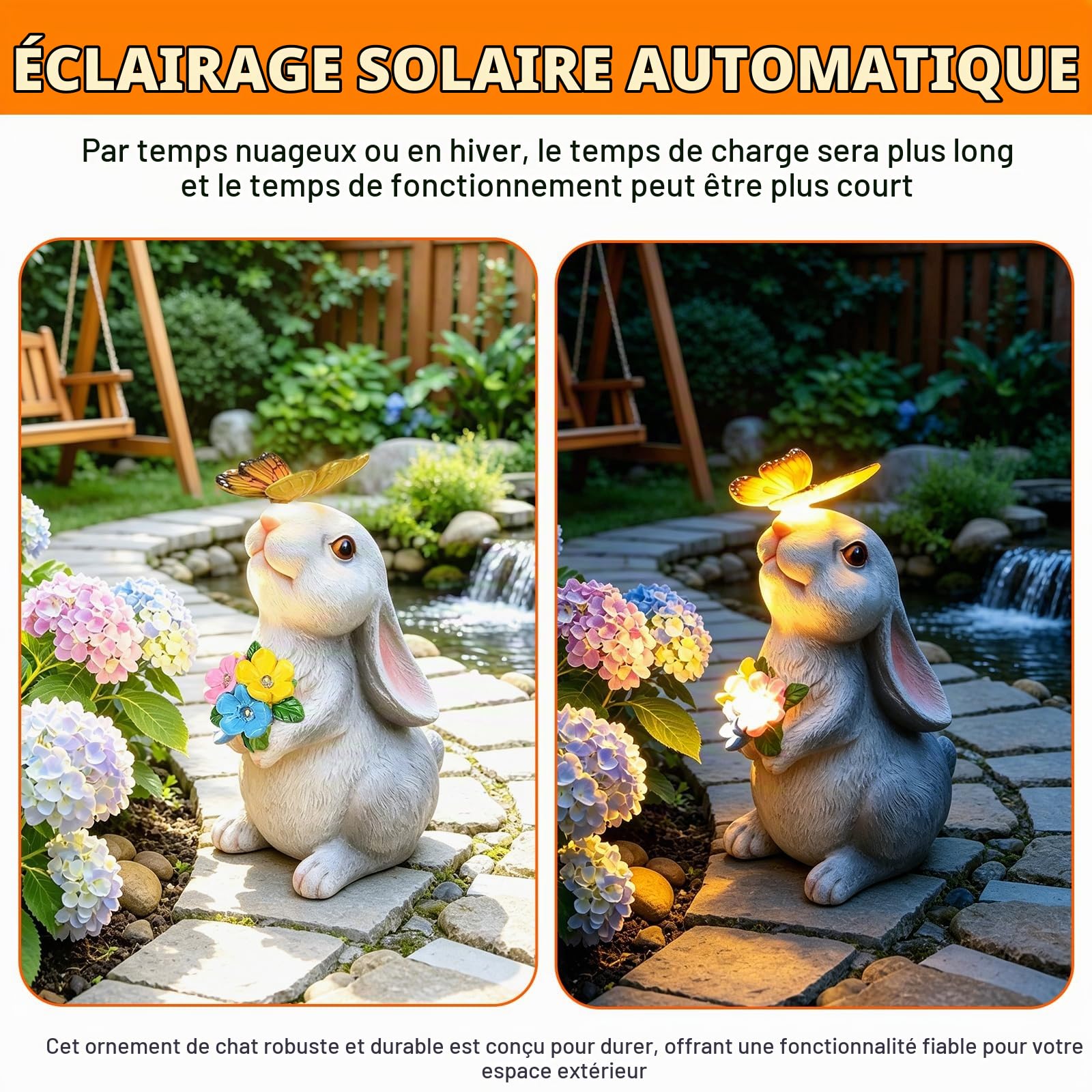 BYZESTY Solaire de Jardin Lapin, Lampe Solaire LED en Forme de Lapin, Figurine d'animal de Jardin, Décorations de Statues d'extérieur pour Extérieur Patio Pelouse