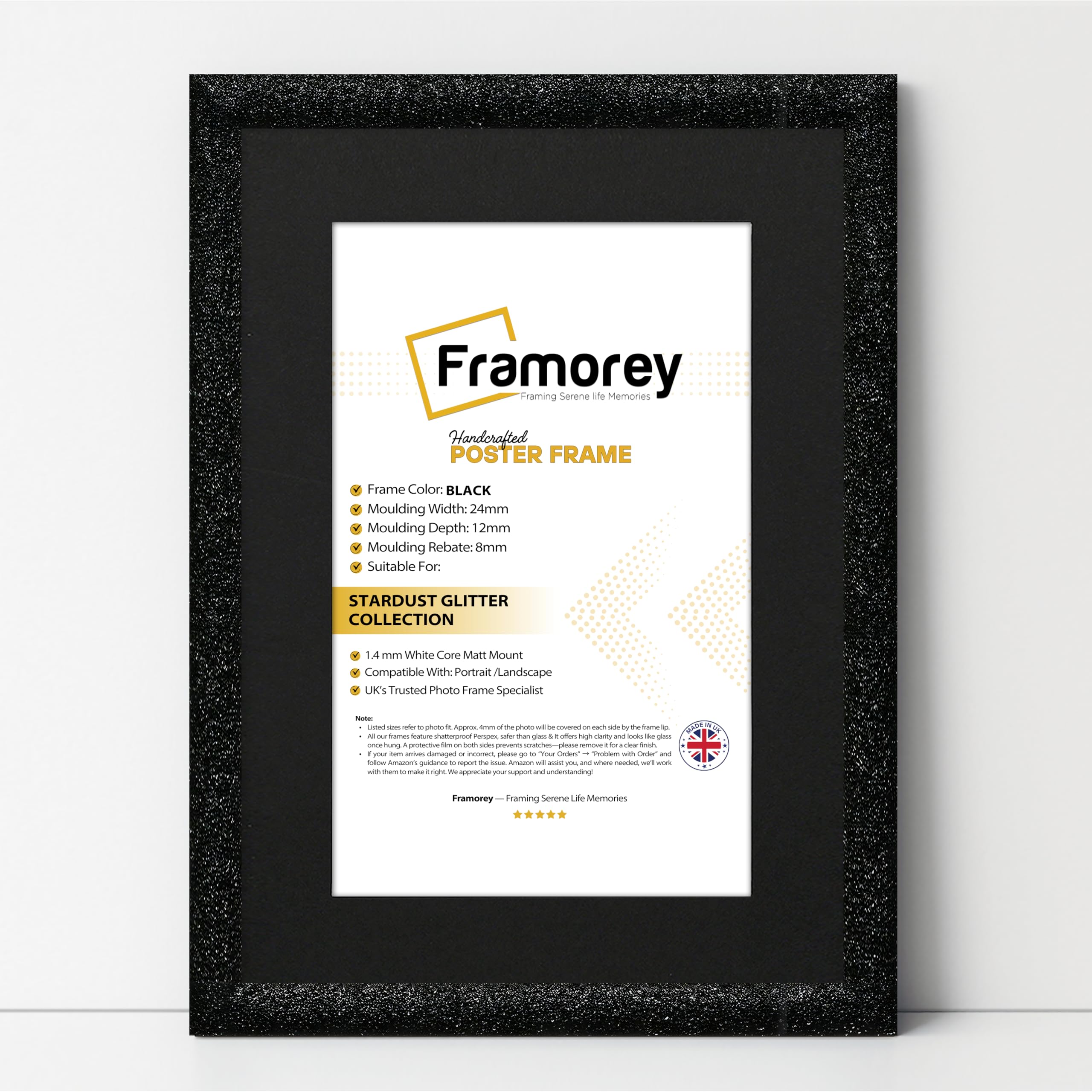Framorey Framing Serene Life Memories Black With Black Mount Framorey Glitter Sparkle Picture Frame, 24X16" Size Black Photo Frame With 20X12" Size Black Mount, Wall Hanging Oxford Poster Frames