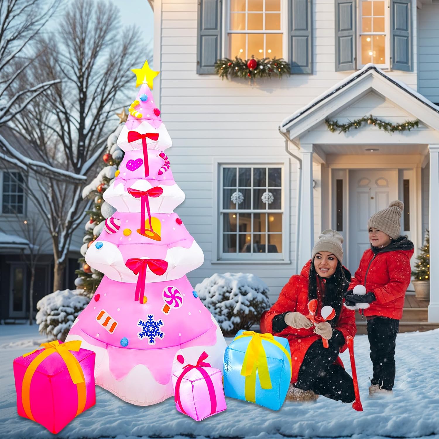 OurWarm 8FT Christmas Inflatable Outdoor Decoration, Pink Inflatable Christmas Tree with 3 Gift Boxes Christmas Blow Ups Yard Decorations with Built-in LED Lights for Outside Xmas Garden Lawn Decor - Image 6
