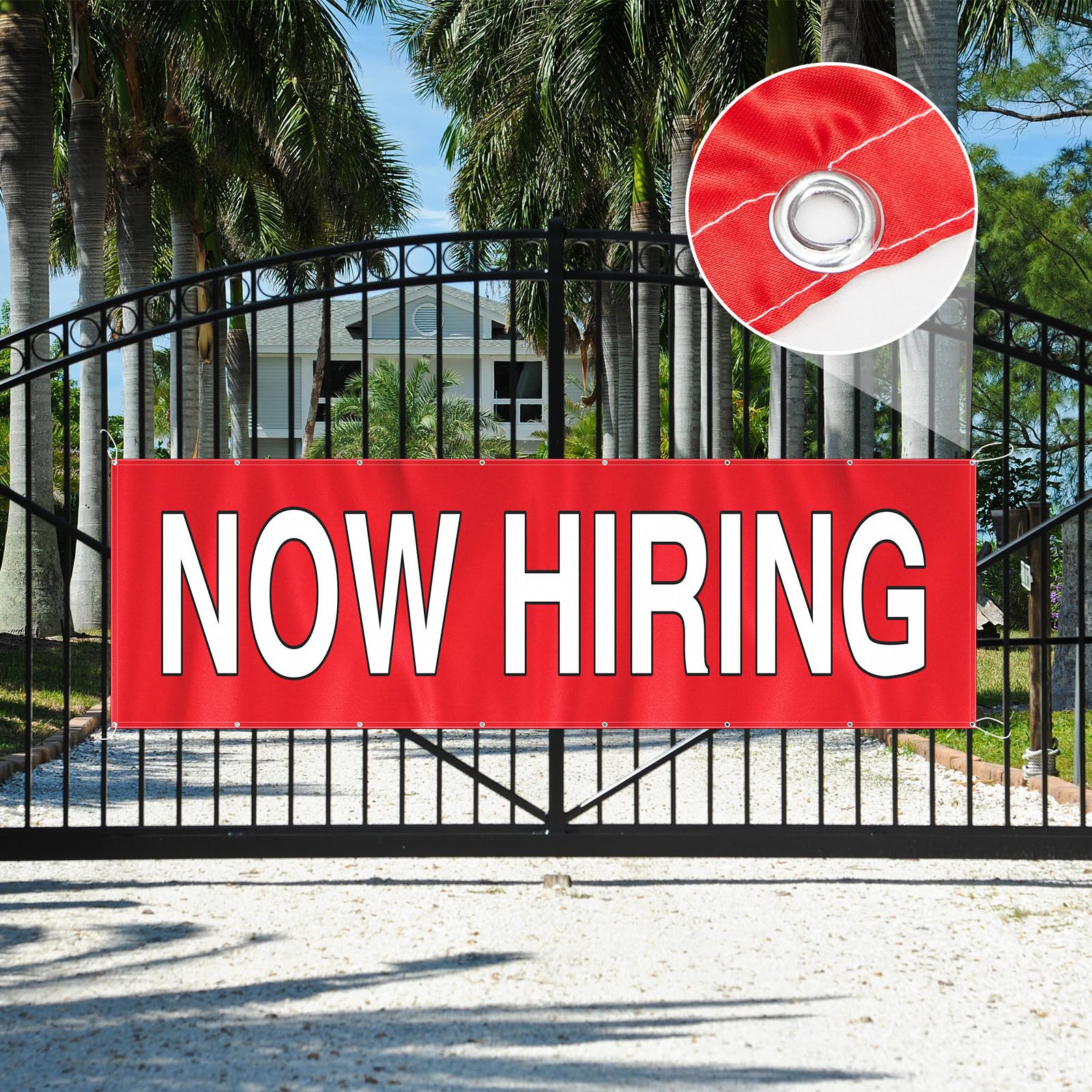 HunnmingRe Now Hiring Banner - Letreros de contratación de 3 x 10 pies, color rojo y blanco, letreros de contratación para interiores y exteriores, tela satinada de una sola cara con ojales de metal