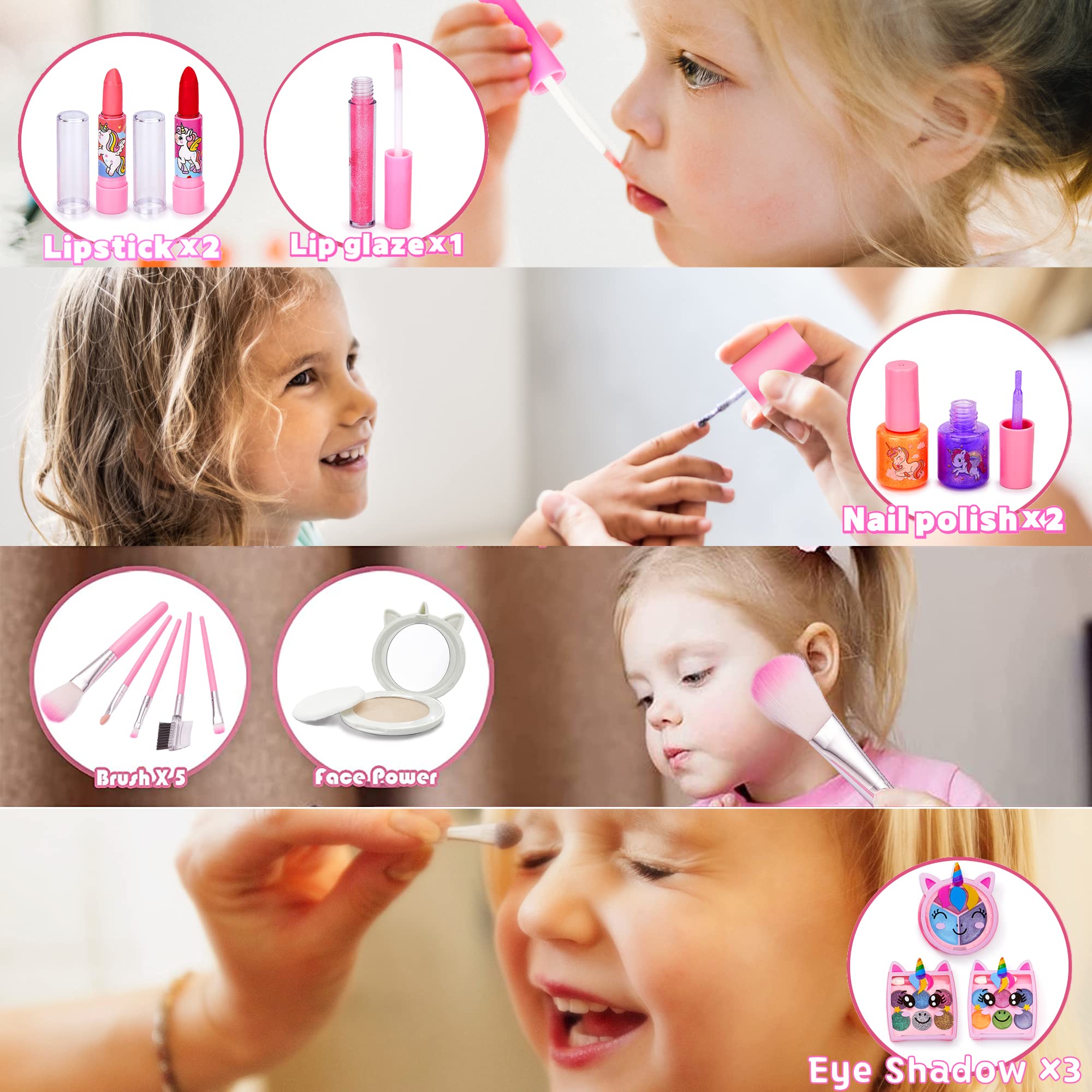 Lubibi Unicorno Set trucco per bambini 25 Pezzi Sicuro e lavabile Kit di Cosmetici Veri per Bambini con Borsa per cosmetici Regalo di Compleanno di Natale Giocattolo per Ragazze età 456789 10