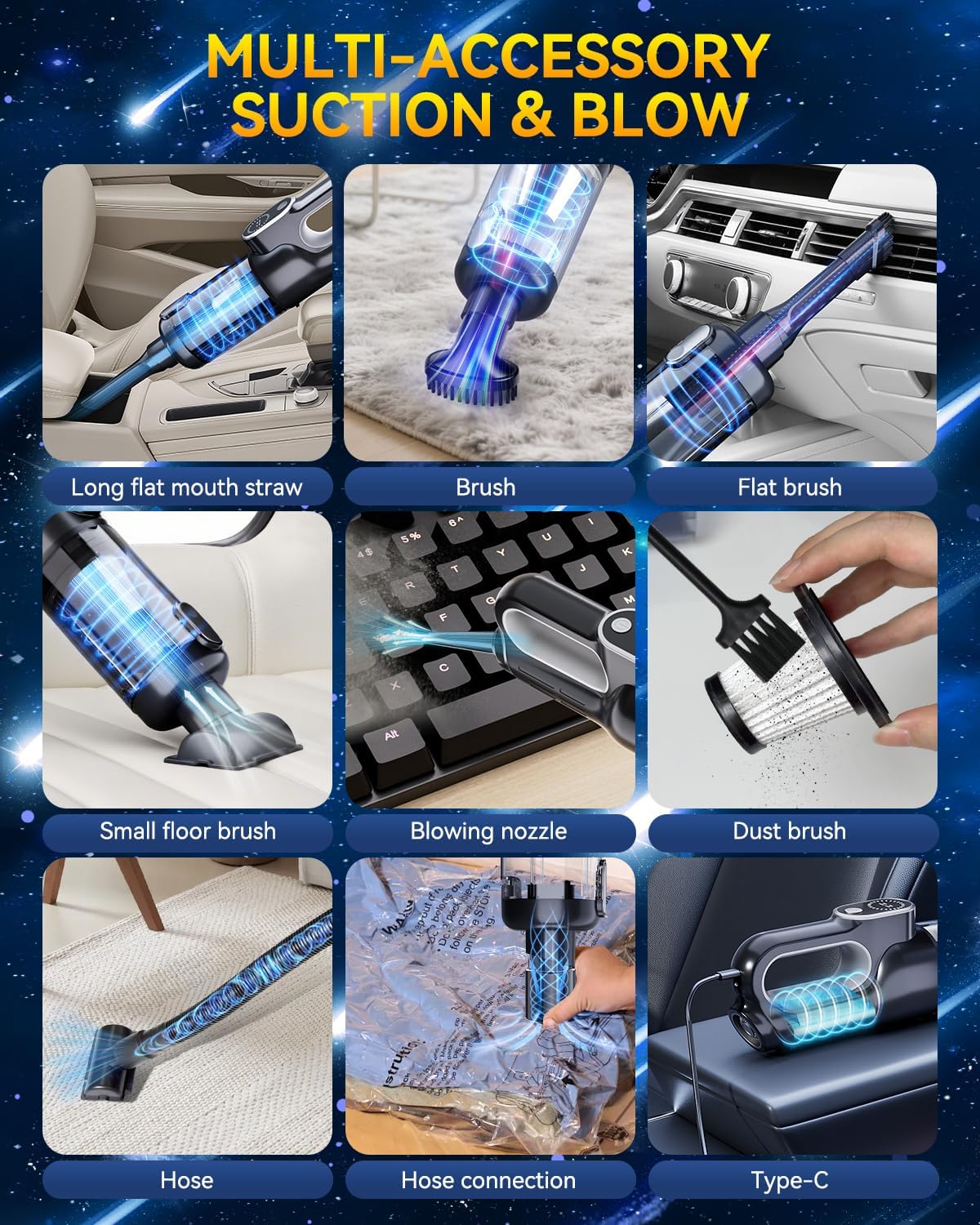 11-in-1 Vacuum for Car【19000pa Suction | Japan Brushless Motor】【SGS-Certified Smart Chip】Powerful Handheld Vacuum Cordless, with LED Light, Multi-Nozzles and Storage Bag, for Home Office Pet Hair
