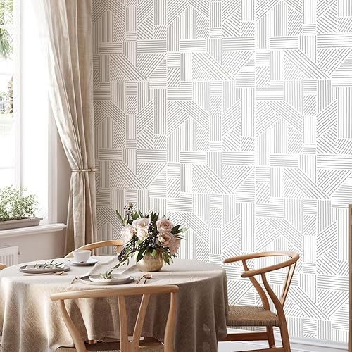 Miniatura 2 de Tomete Papel tapiz geométrico gris y blanco para despegar y pegar, papel tapiz bohemio de 118 pulgadas de largo y 17.3 pulgadas de ancho, papel de