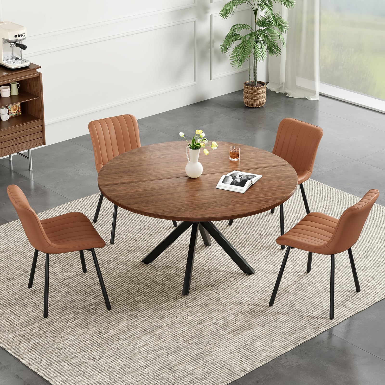 Soohow 47.2" Round Dining Table Set For 4-6 - Wood Tabletop With Metal X-Base & 4 Faux Leather Chairs