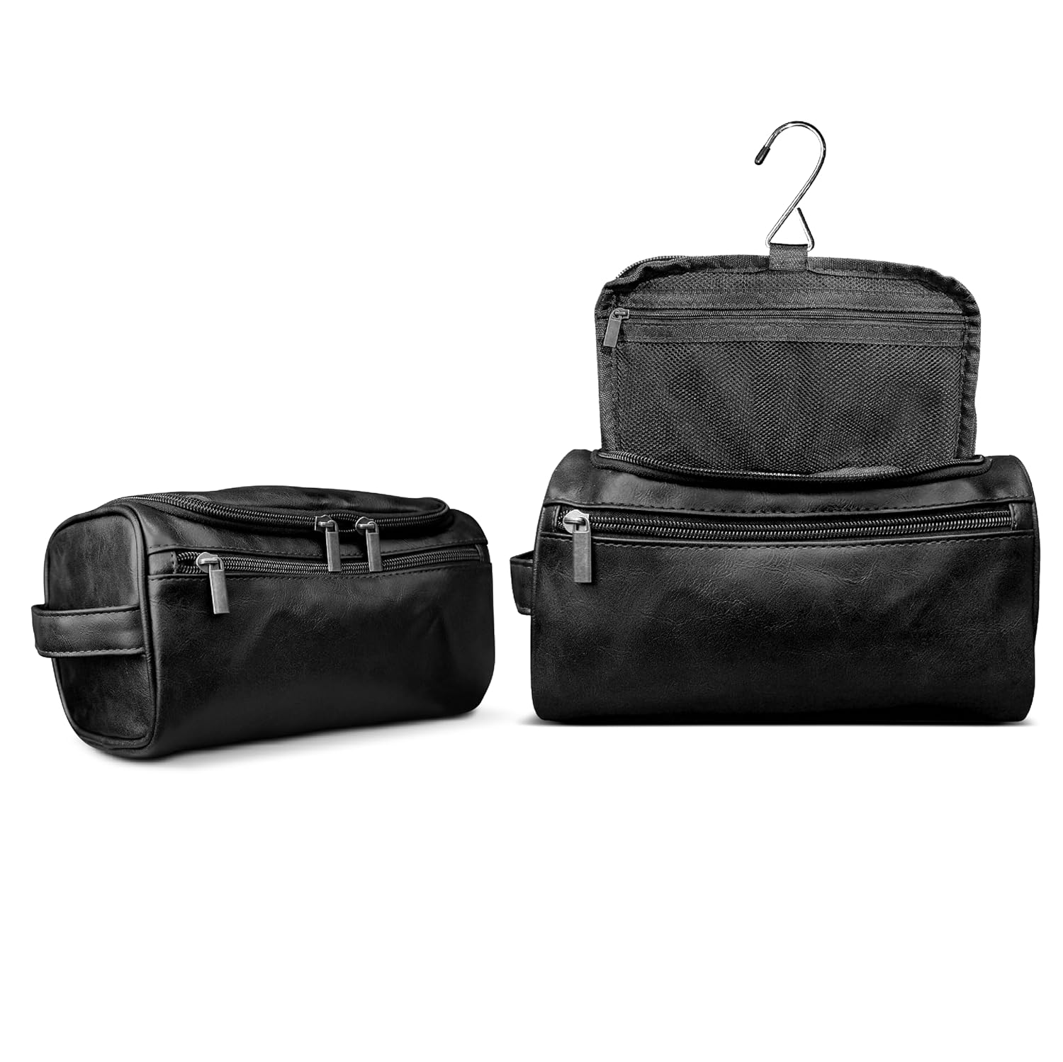 DRAVINA Travel Toiletry Pouch for Men & Women with Mesh & Hook Attachment| 25Cm Water Resistant PU Leather Vanity Case, Toiletry Kit, Travel Shaving Kit, Makeup & Cosmetic Organizer -Black DRAVINA Travel Toiletry Pouch for Men & Women with Mesh & Hook Attachment| 25Cm Water Resistant PU Leather Vanity Case, Toiletry Kit, Travel Shaving Kit, Makeup & Cosmetic Organizer -Black