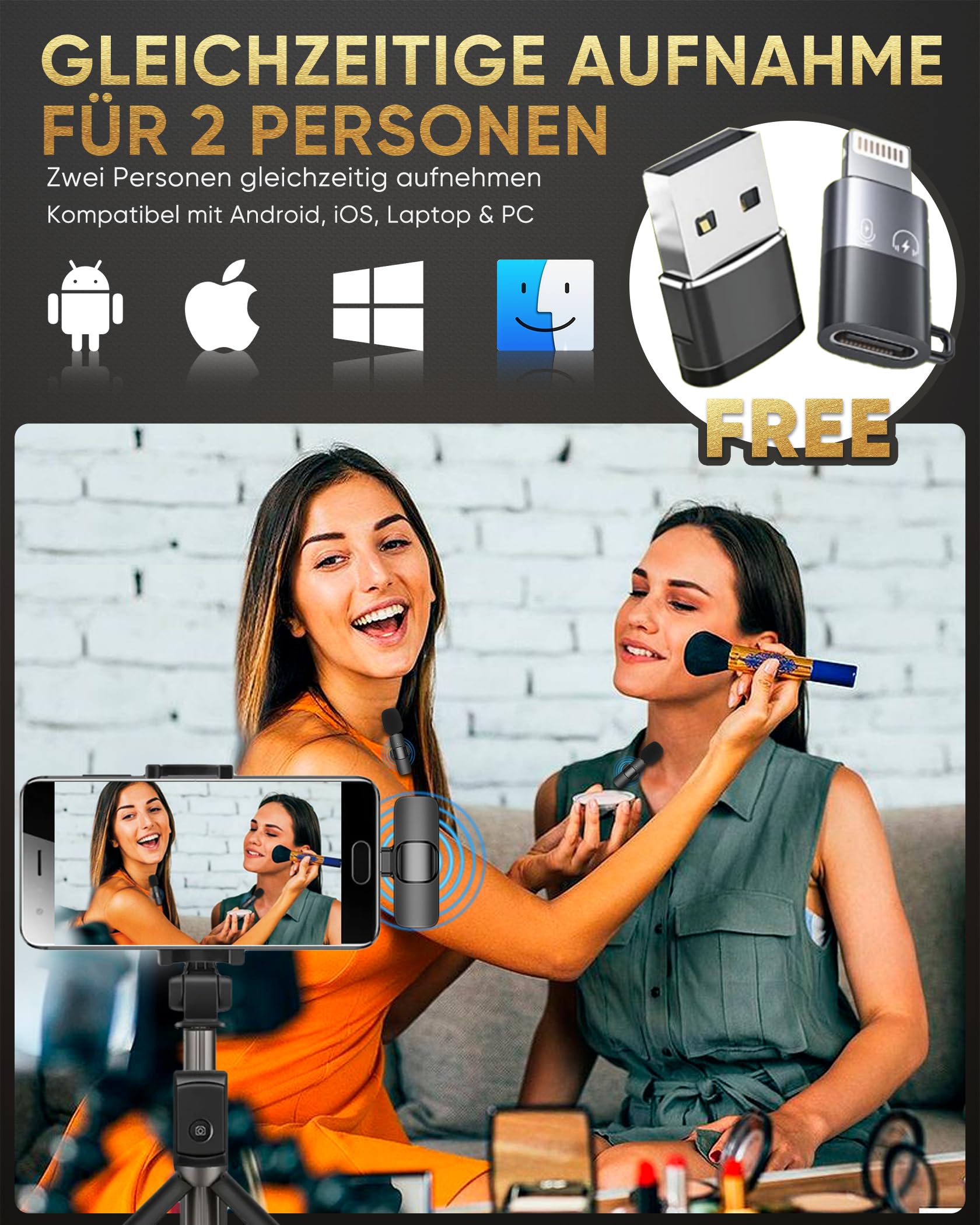 IUMAKEVP Lavalier Mikrofon Kabellos kompatibel mit iPhone/iPad/Android-Handy/Laptop, Plug-Play Wireless Ansteckmikrofon mit Rauschunterdrückung für Videoaufnahmen/Live-Dampf/Interview/TikTok (2 Mics)