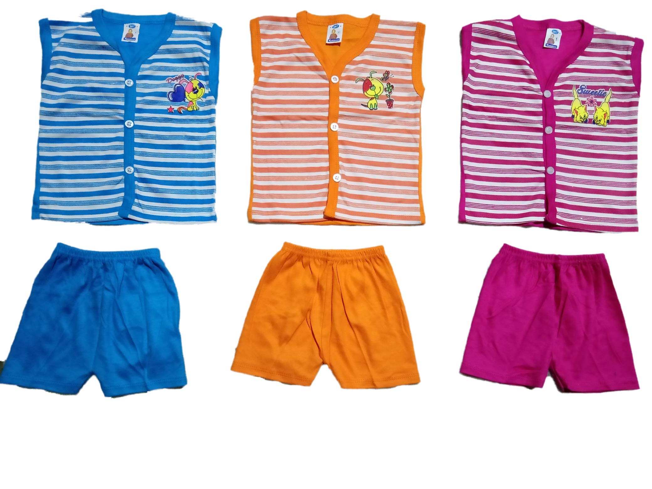 Just Born Baby Dresses Top and Bottom Sets (Multicolor, 0-6 Months, Pack of 3)