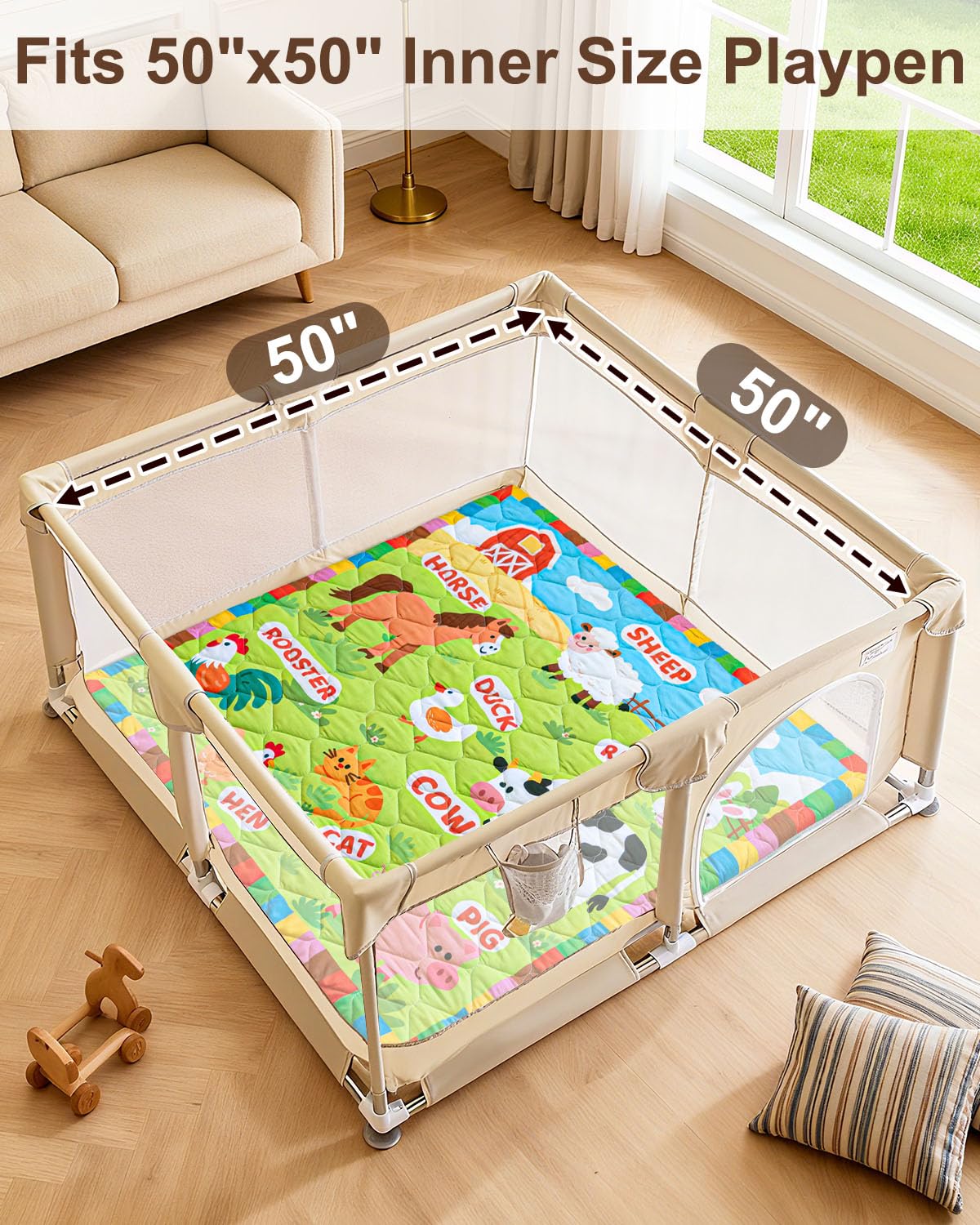 Foam Baby Play Mat 50x50, Removable and Machine Washable Cover, Thicken Cushioning Playmat and Perfect for Playpen, Non-Slip Bottom, Easy to Clean for Infants, Toddlers & Babies(Farm) - Image 6
