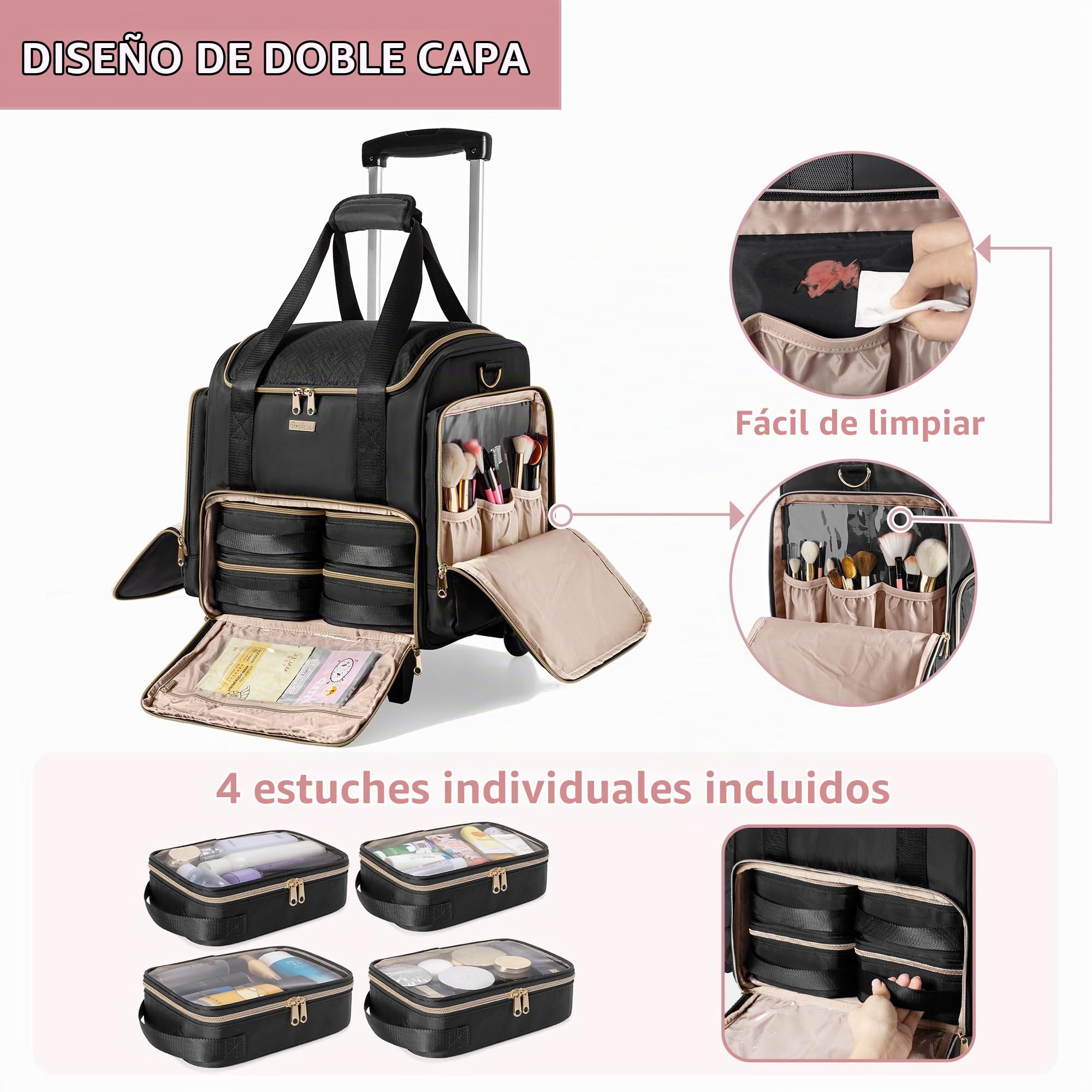 Carrito de Cosméticos con 4 Maletines para Maquilladores, Negro