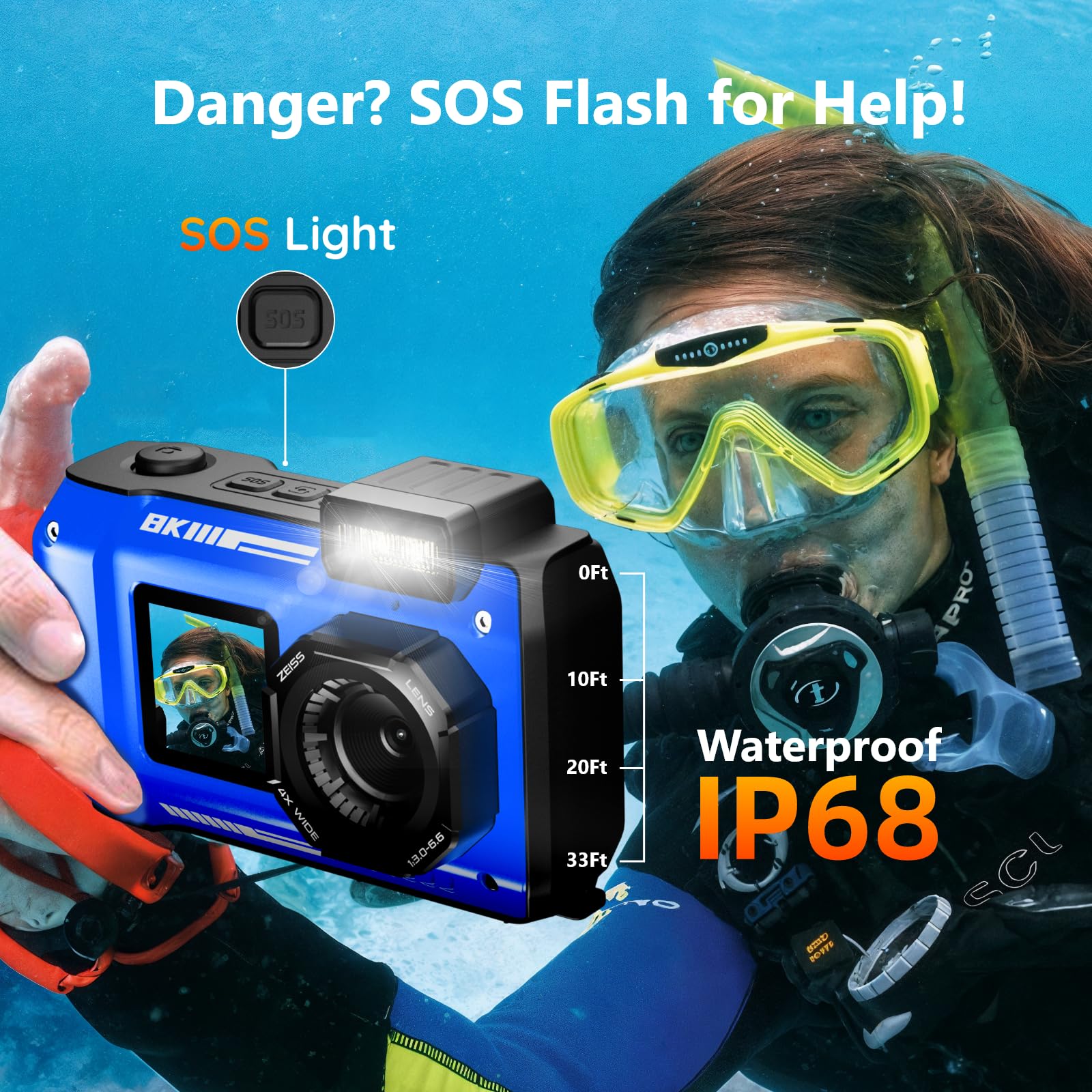 8K 70MP Macchina Fotografica Digitale - MaxMango 33FT Macchina Fotografica Subacquea, 64GB Fotocamera Digitale per Snorkeling, 18X Doppio Schermo Selfie Robusta Antipolvere Antiurto Autofocus