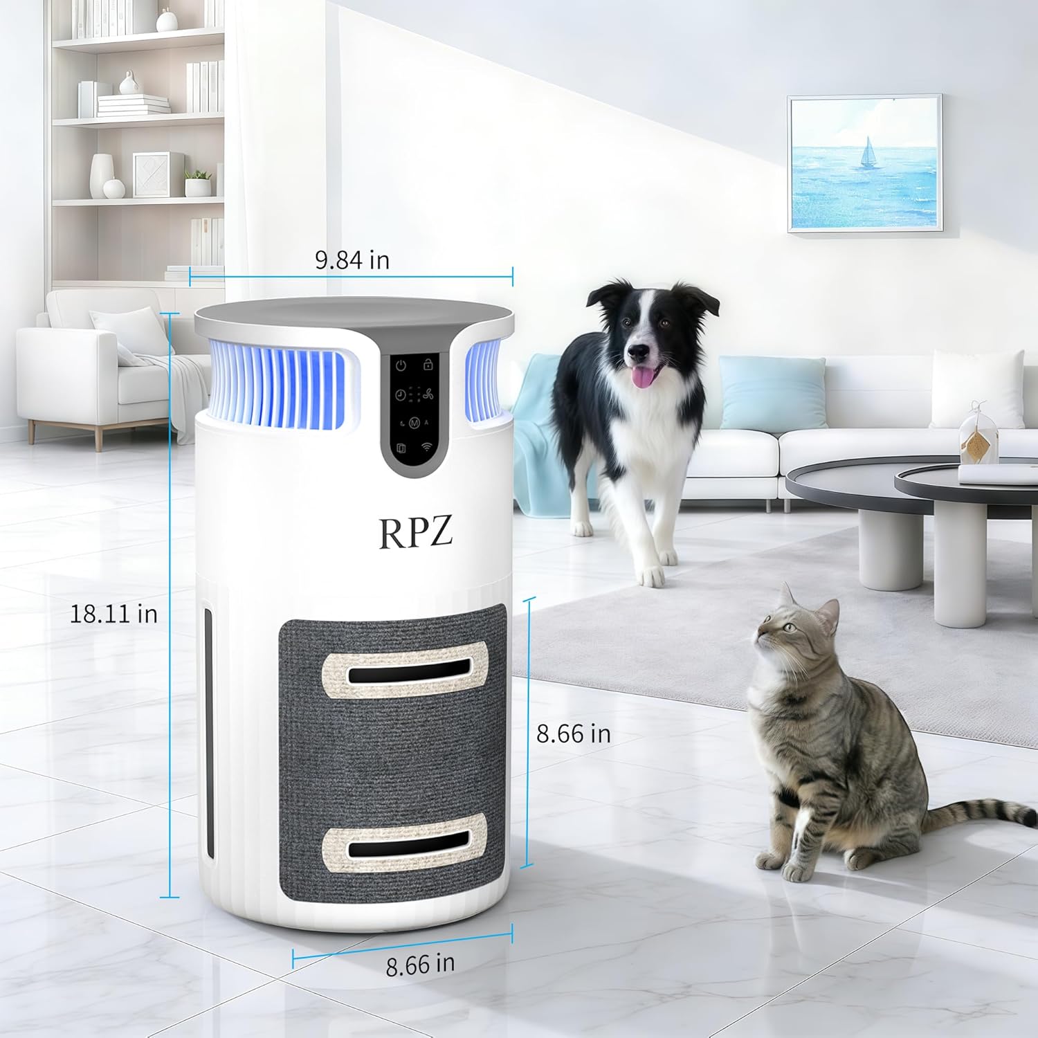 RPZ Smart Pet Air Purifier for Home Large Room, HEPA Air Cleaner for Cat and Dog Homes with WiFi App Control and Washable Filter, for Pet Hair and Dander, PM2.5 Monitor, Auto Mode, Cat Scratcher