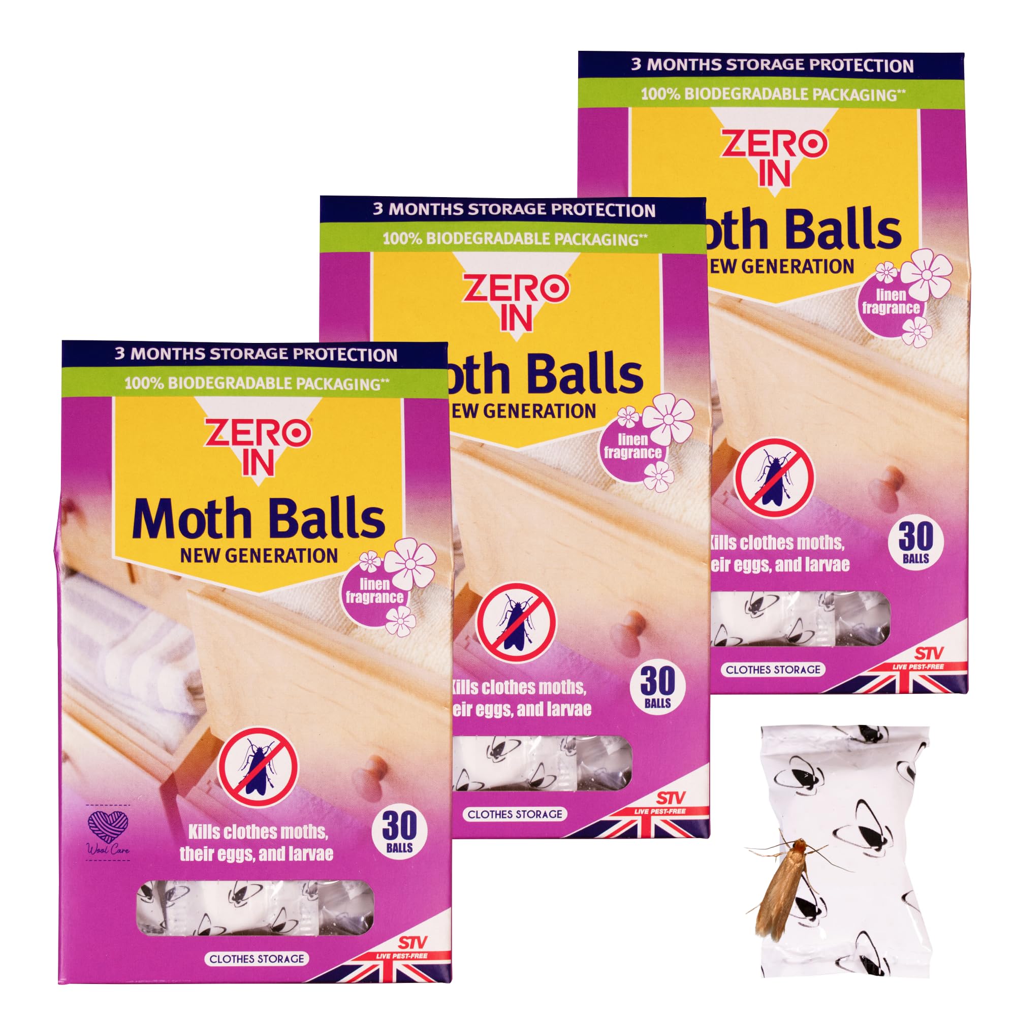 Zero In New Generation Moth Balls - Effective Moth Killer for Wardrobes - Up to 3-Months Protection - Advanced Transfluthrin Formula - Drawers, and Storage Bags – Multipack 30 X3