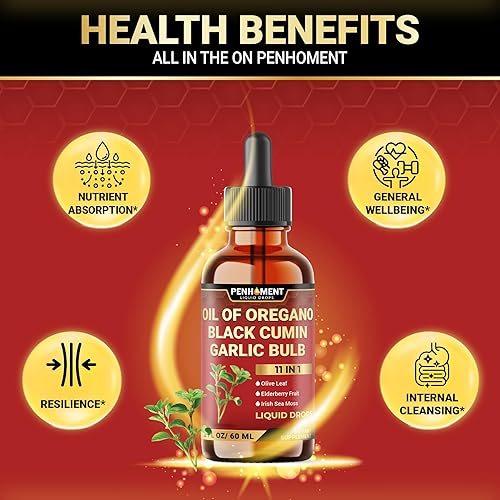 Miniatura 4 de Gotas de aceite de orégano orgánico 11 en 1 con líquido de semillas negras, ajo, hoja de olivo, saúco, musgo marino, ashwagandha y jengibre, apoyo