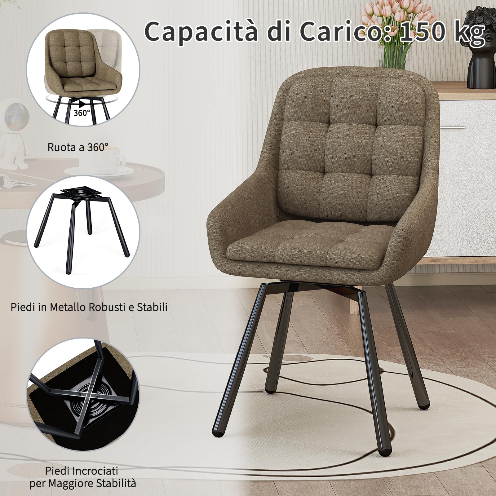 JIJIAN Set di 4 Sedie da Pranzo Girevoli 360° con Braccioli, Sedia Imbottita con Gambe Metalliche, Adatta per Soggiorno, Cucina, Camera da Letto e Sala D'attesa, Marrone
