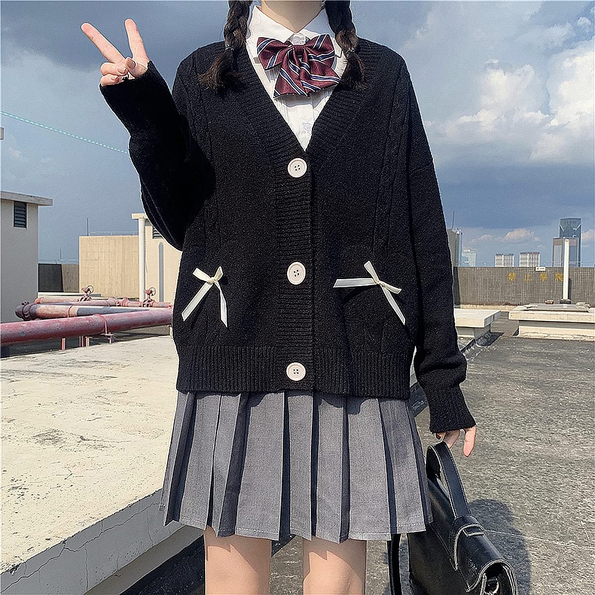 Women Kawaii Sweater Cardigan with Cute Bowknot and Heart S-2XL: Large Black