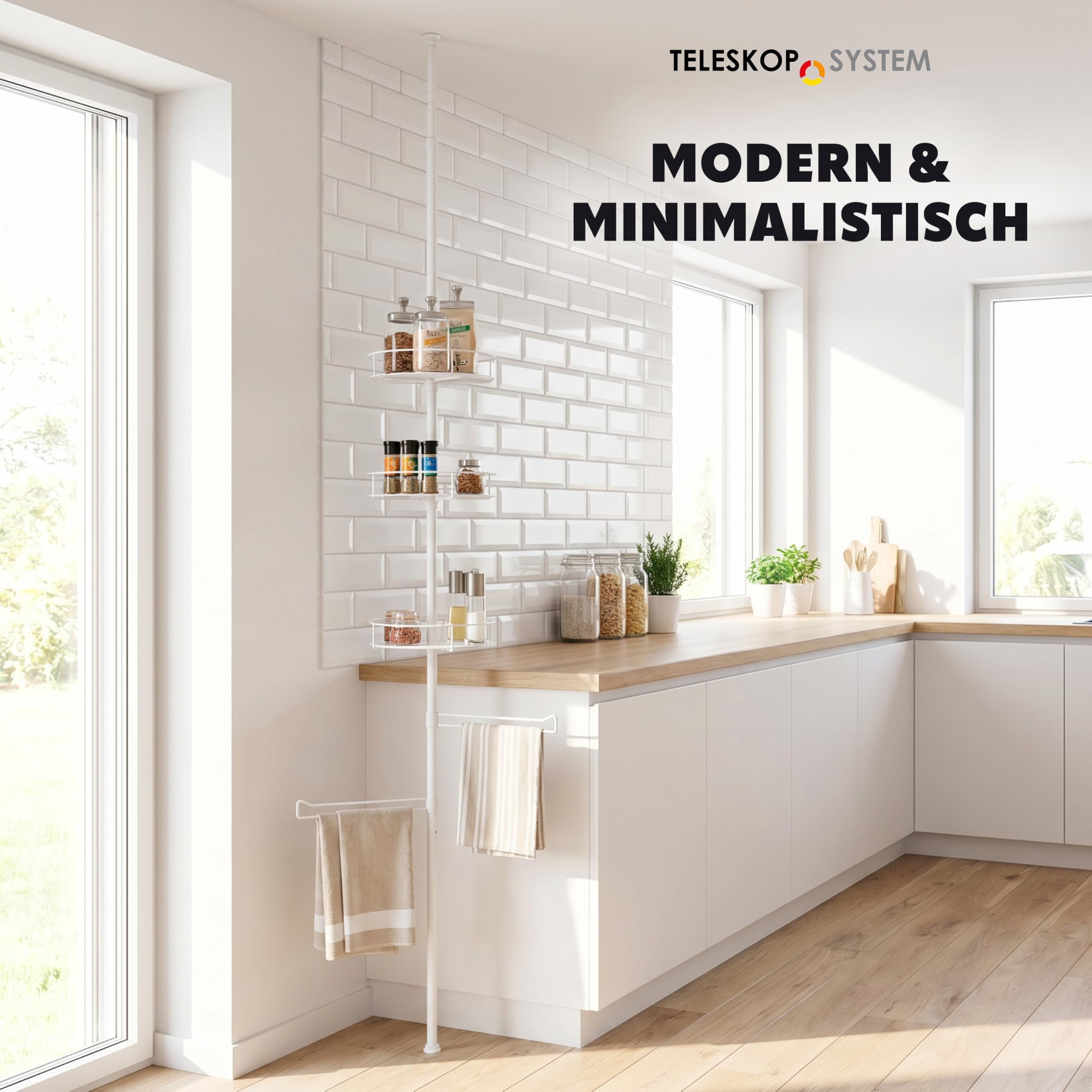 bremermann Teleskop-Küchenregal mit 3 Körben und 2 Haltern für Geschirrtücher, ideal für Gewürze, Öle, Küchenutensilien uvm., höhenverstellbar bis max. 290 cm, aus Metall (Weiß)