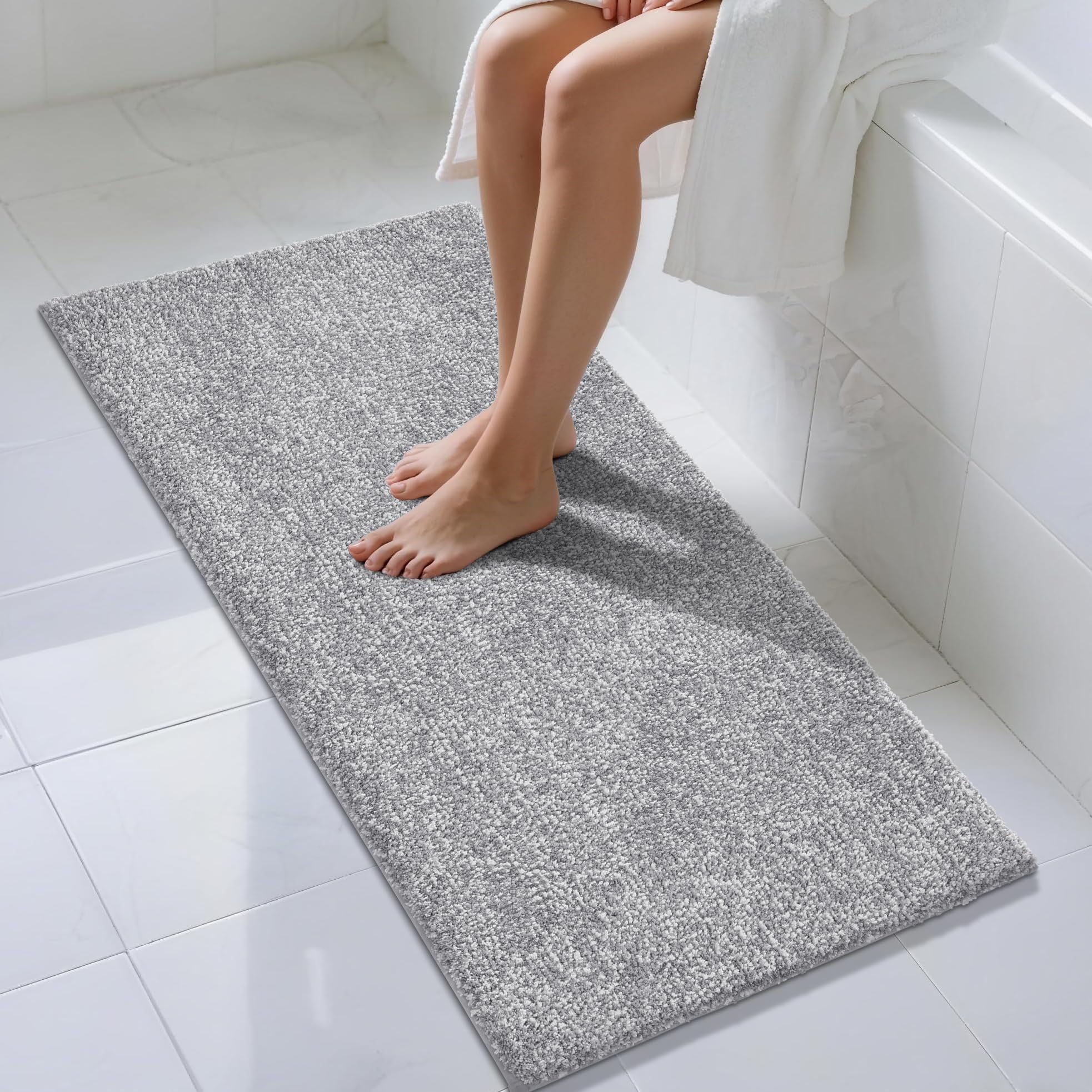 Yimobra Long Bathroom Rug Non Slip Washable, Soft Absorbent Microfiber Bath Mat, Dual-Tone Decor Rug with Rubber Backing for Bathroom Floor,Tub and