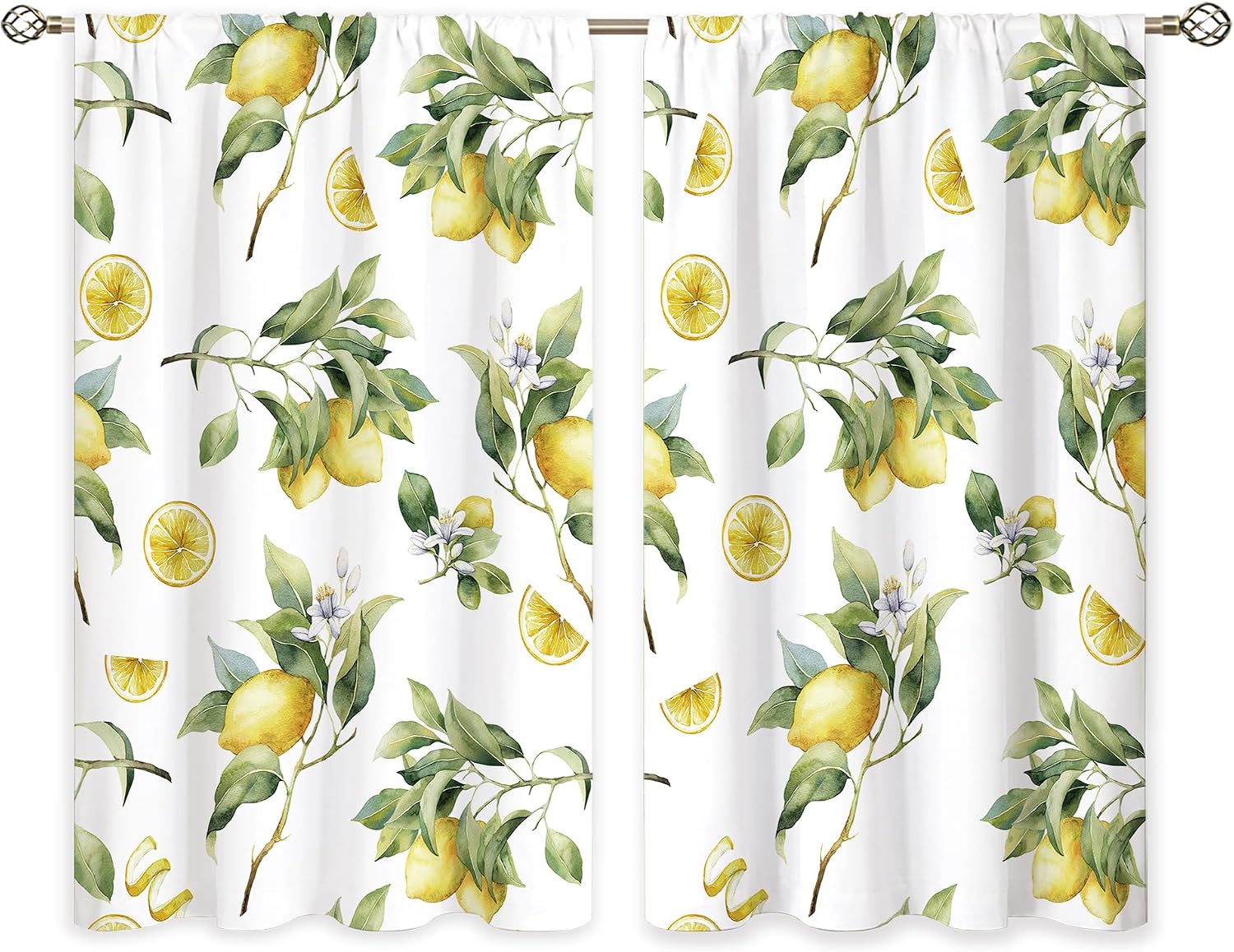Lemon Fruit Small Kitchen Curtains Green Yellow Leaf Summer Window Treatment Tropical Cafe Short Window Curtains for Bathroom Dining Laundry Room Floral Flower Treatment Drapes 27.5x39 inch