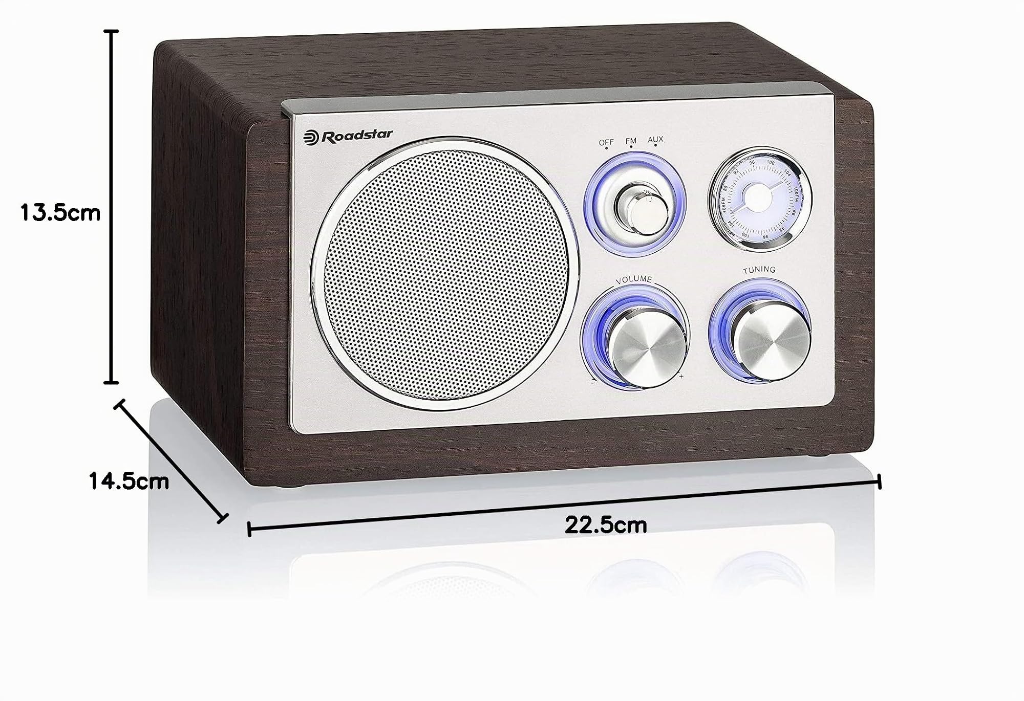 Roadstar HRA1245NWD Radio Portable Analogique FM Vintage, Haut-Parleur 16W à 1 Voie, Radio Rétro Compacte pour la Maison et la Cuisine, Éclairage LED, Bois