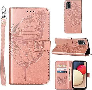 A02s Case,Wallet for Samsung A02s Case,[Kickstand][Wrist Strap][Card Holder Slots] Butterfly Floral Embossed PU Leather Flip Protective Cover for Galaxy A02s Case (Rose Gold)