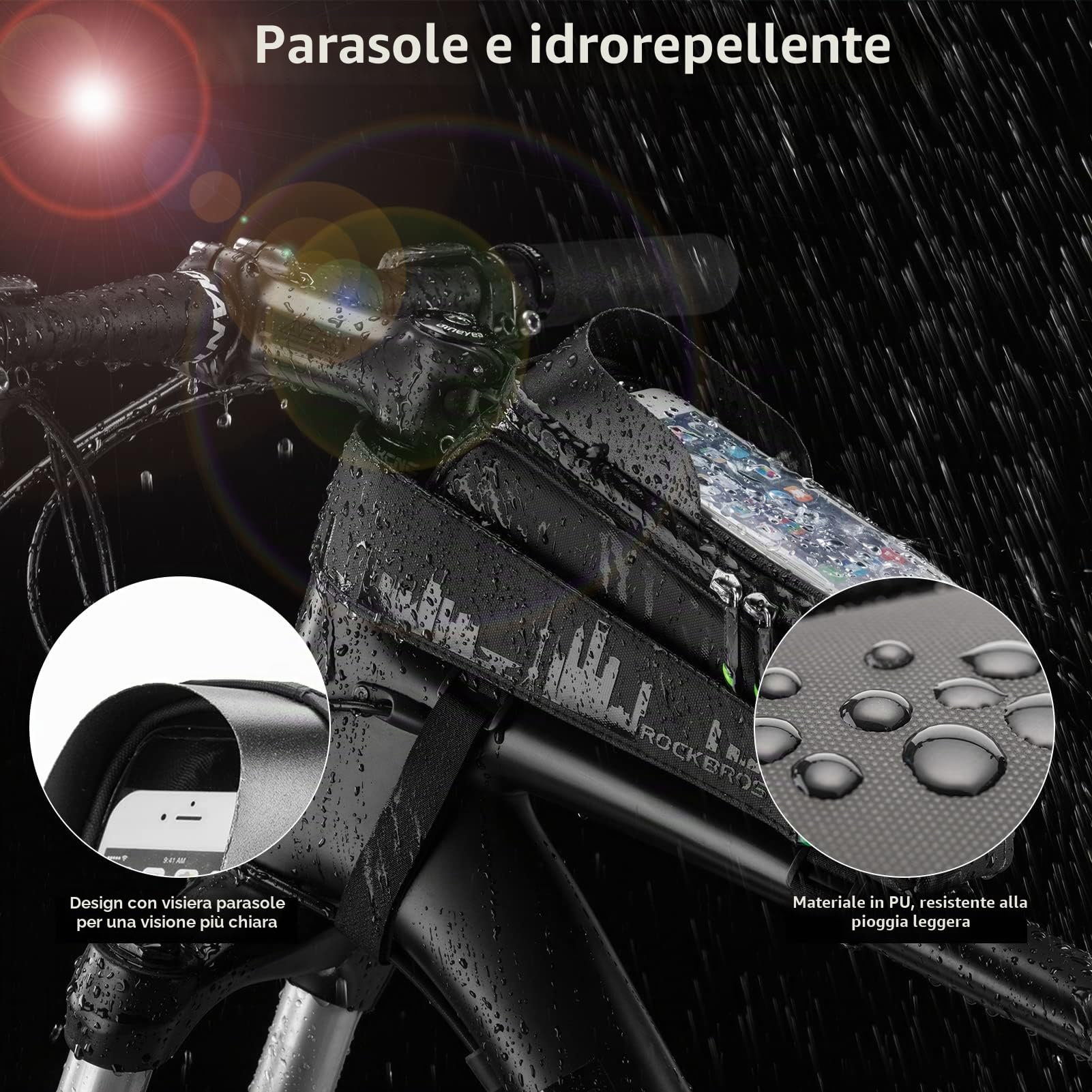ROCKBROS Borsa Telaio Bici, Porta Cellulare MTB, Borsa Manubrio, Grande capacità 1.5L, con Touch Screen e Visiera Parasole, Impermeabile, Supporto Telefoni 5.8"/6.0", Accessori Ciclismo