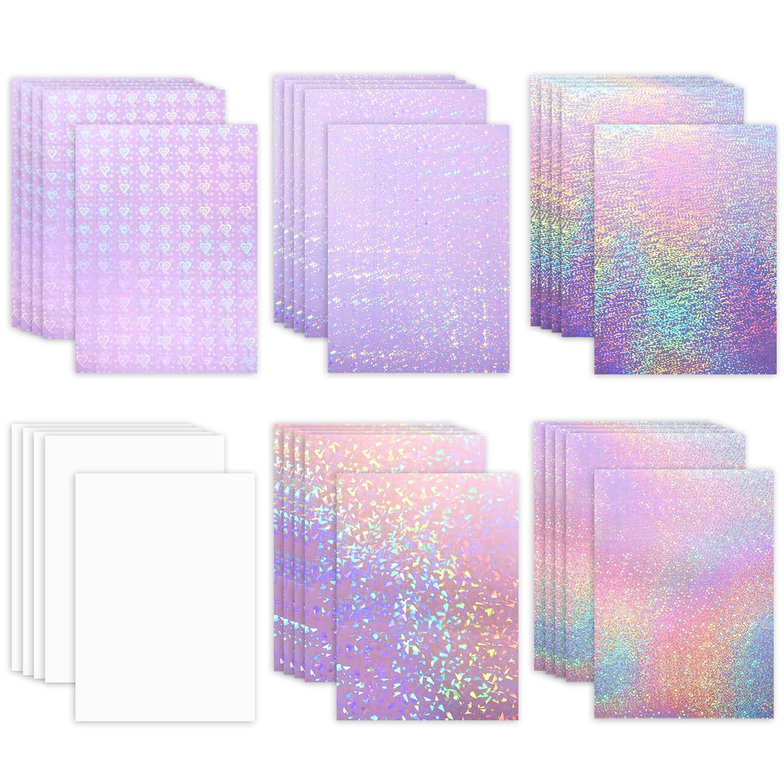 30 Sheets A4 Holographic Sticker Paper, Waterproof Holographic Overlay Lamination Printable Vinyl Sticker Self Adhesive Glitter Paper for DIY Crafts
