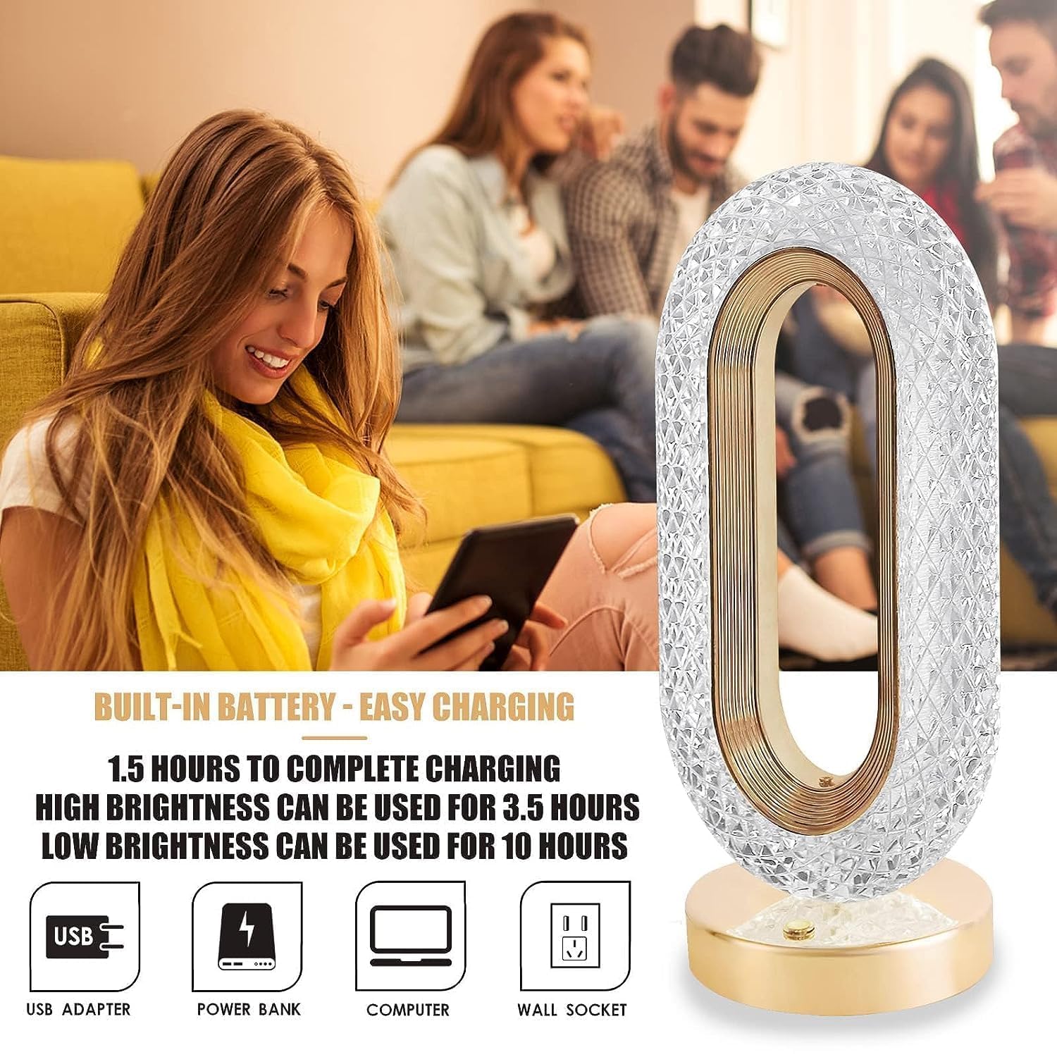 ONISWELL Crystal LED Table Lamp with Oval Design | Touch Control Night Lamp for Bedroom, Living Room & Study | Decorative Crystal Light with Soft Glow for Home Interior Lighting Use 1