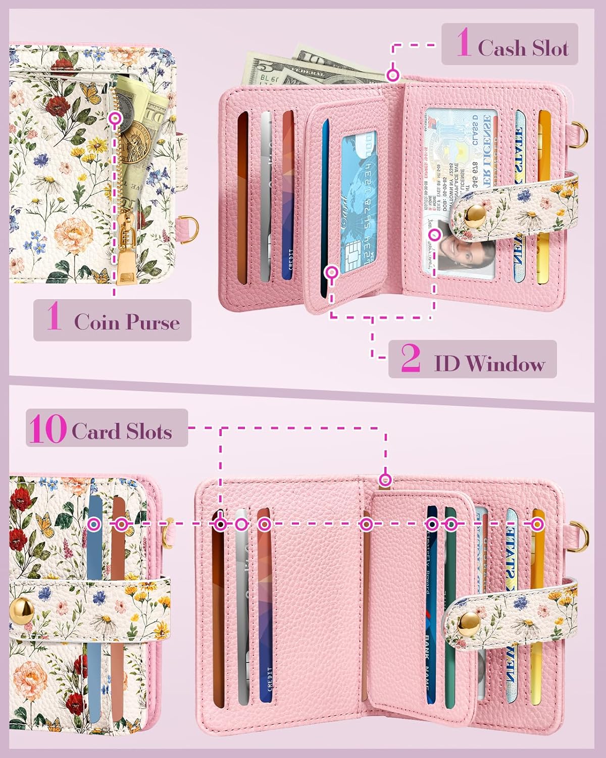 Bistup Wallet for Women Cute Small Card Wallet Genuine Leather Rfid with Keychain for Ladies Teen Girls Female Girly Aesthetic Flower Floral Unique Kawaii Pretty Modern Bifold Credit Card Holder - Image 3