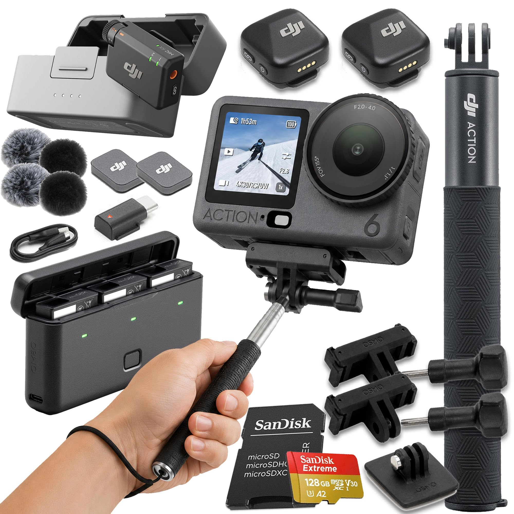Osmo Action 6 Adventure Combo with DJI Mic Mini 2-Person Compact Wireless Microphone System for Camera & Smartphone (2.4 GHz) + 128GB Extreme Memory Card (Deluxe Adventure Bundle)