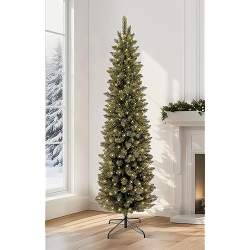 Annecy 6ft Pre-Lit Fir Pencil Christmas Tree, Green Classic Artificial Slim Skinny Christmas Tree for Home, Office, Shop, Party Decoration w/ 400 Tips, 200 Warm White Lights, Metal Hinges & Base, 6 ft