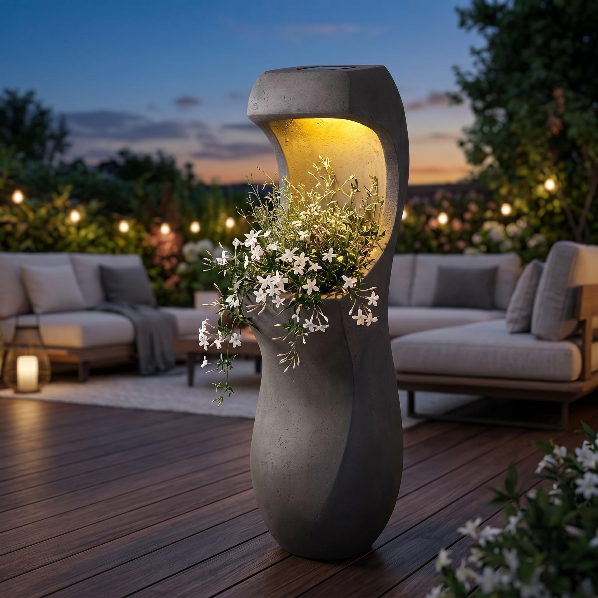 Vaso di design con illuminazione a LED solare Win 33 – 71 cm, effetto cemento, grande vaso per giardino e terrazza, resistente alle intemperie, illuminato