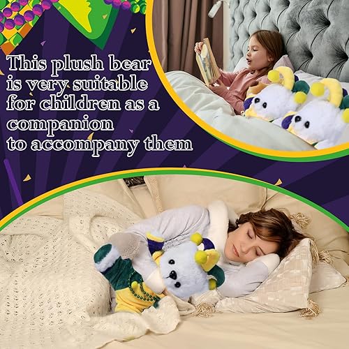 Miniatura 4 de RoundFunny Bufón de oso de Mardi Gras con collar verde, animal de peluche pequeño, juguete suave de peluche de 7.8 pulgadas, premios de carnaval,