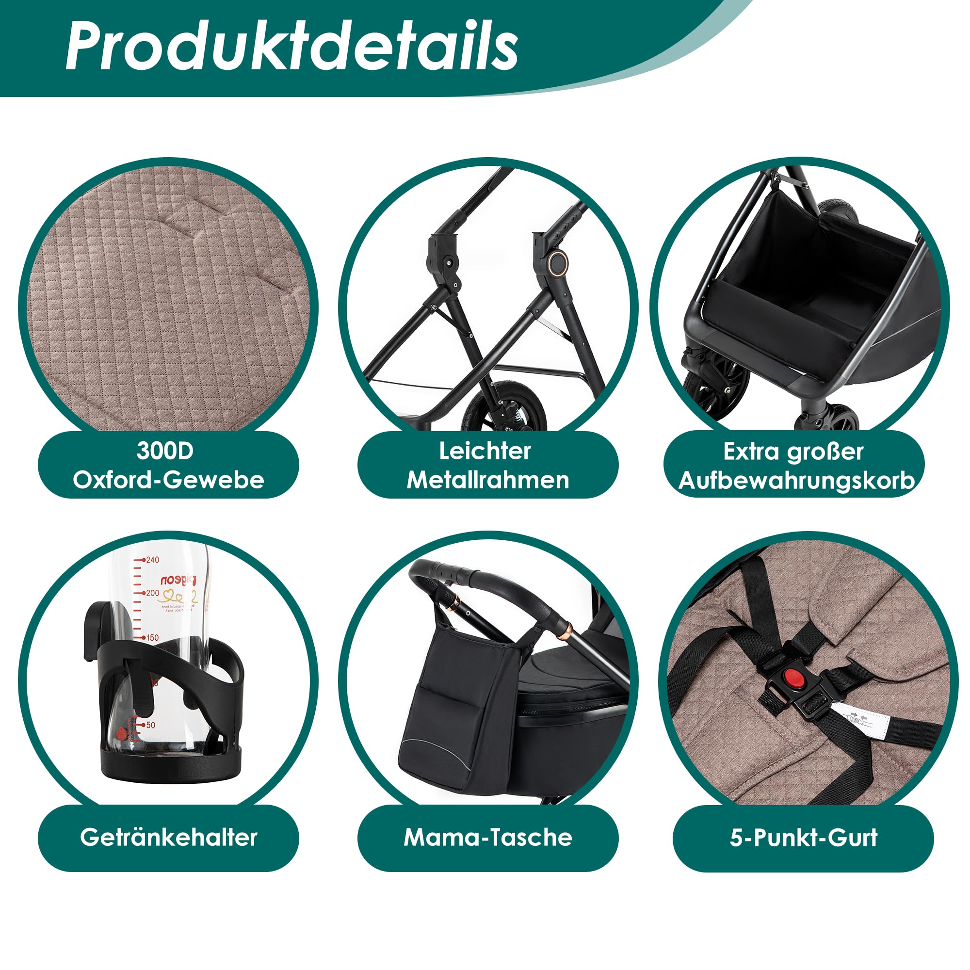 Kinderwagen 3 in 1, Kinderwagen, Zusammenklappbar kombikinderwagen 3 in 1 komplettset inkl. Becherhalter, Moskitonetz, Fußabdeckung, Regenschutz, Kinderwagen for 0-36 Monate, Khaki