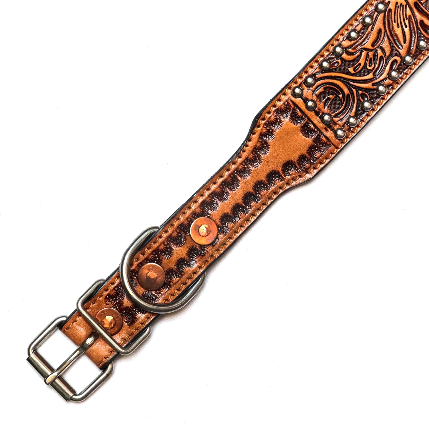 Western Leather Pet Floral Tooled Dog Collar Heavy Duty Hand Crafted Adjustable Padded Soft Puppy Puppies Big Inlaid Beaded Buckstitch (Dog Collar Design_3, Medium - L - 19.5" / W - 1.5")