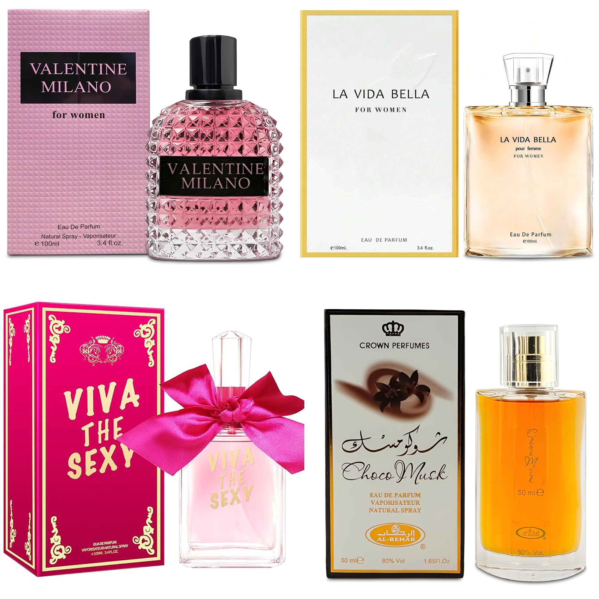 AFLUXE Top Sales 4 Piece Women Perfume Set Choco Musk/Valentine Milano/La Vida Bella/Viva The Sexy Eau de Parfum Spray Women's Fragrance Sets with